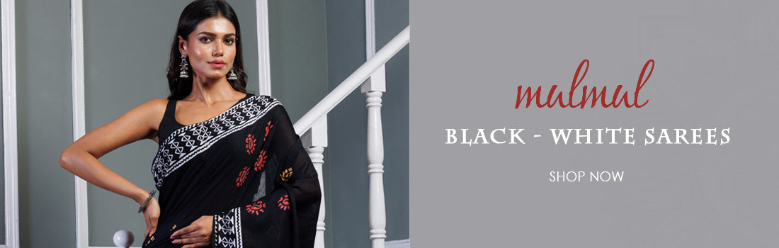 Elegant Black and White Mulmul Saree in soft cotton mulmul fabric
