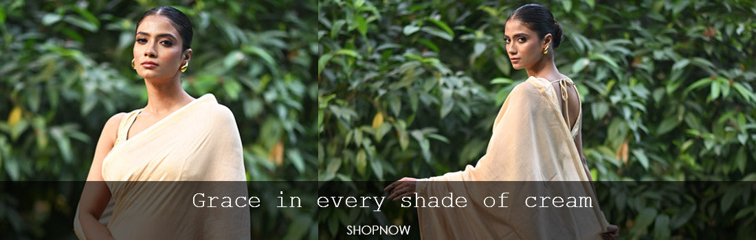 Elegant woman wearing an Ethnic Chanderi Saree with Cream Colour