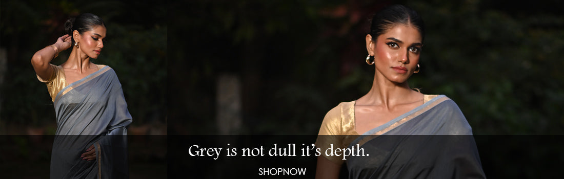 Model wearing elegant Handloom Chanderi Sico Saree in Grey Color