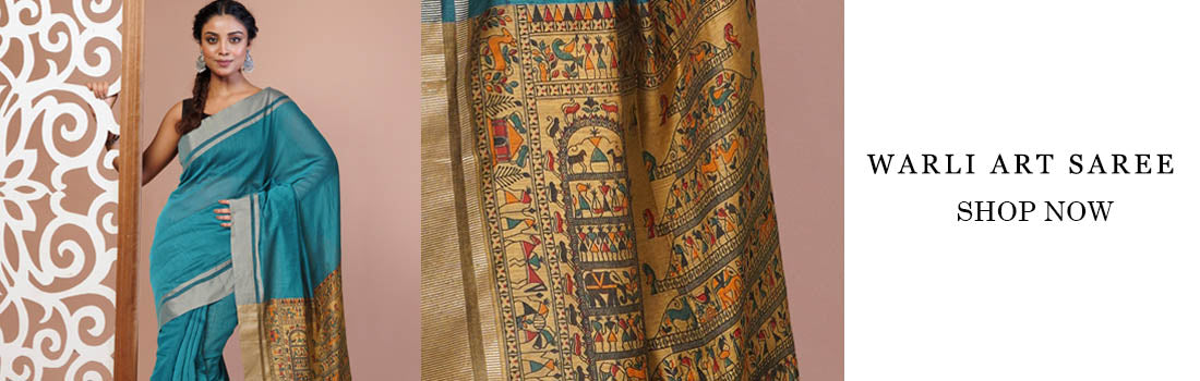 Elegant woman wearing a traditional eco-friendly Warli Art Saree