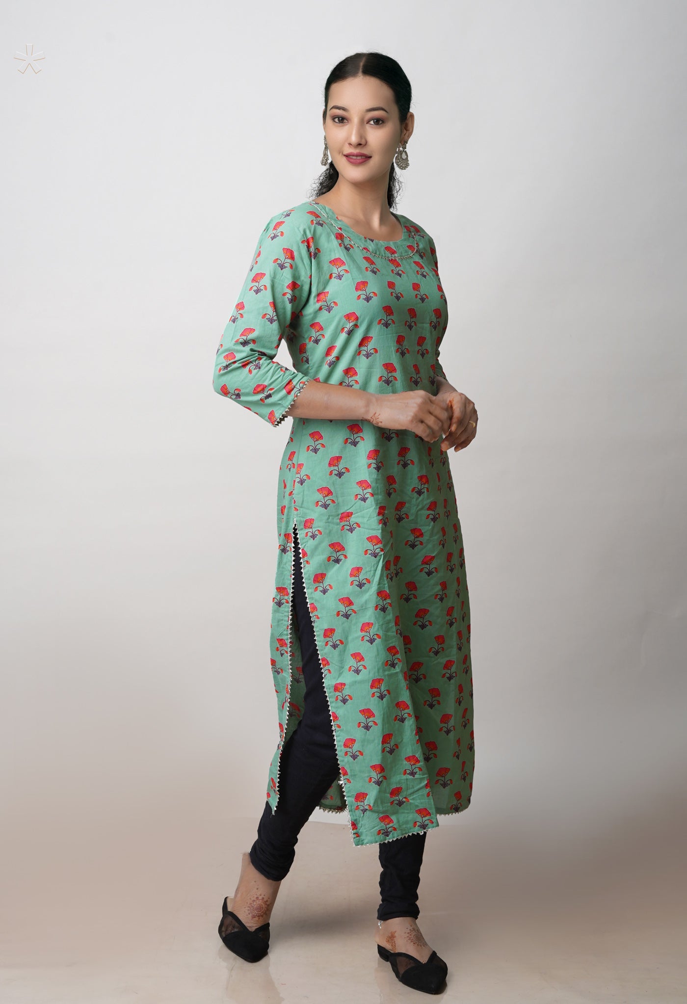 Pastel Green Pure Bagru Floral Printed Cotton Kurta-PKK1916