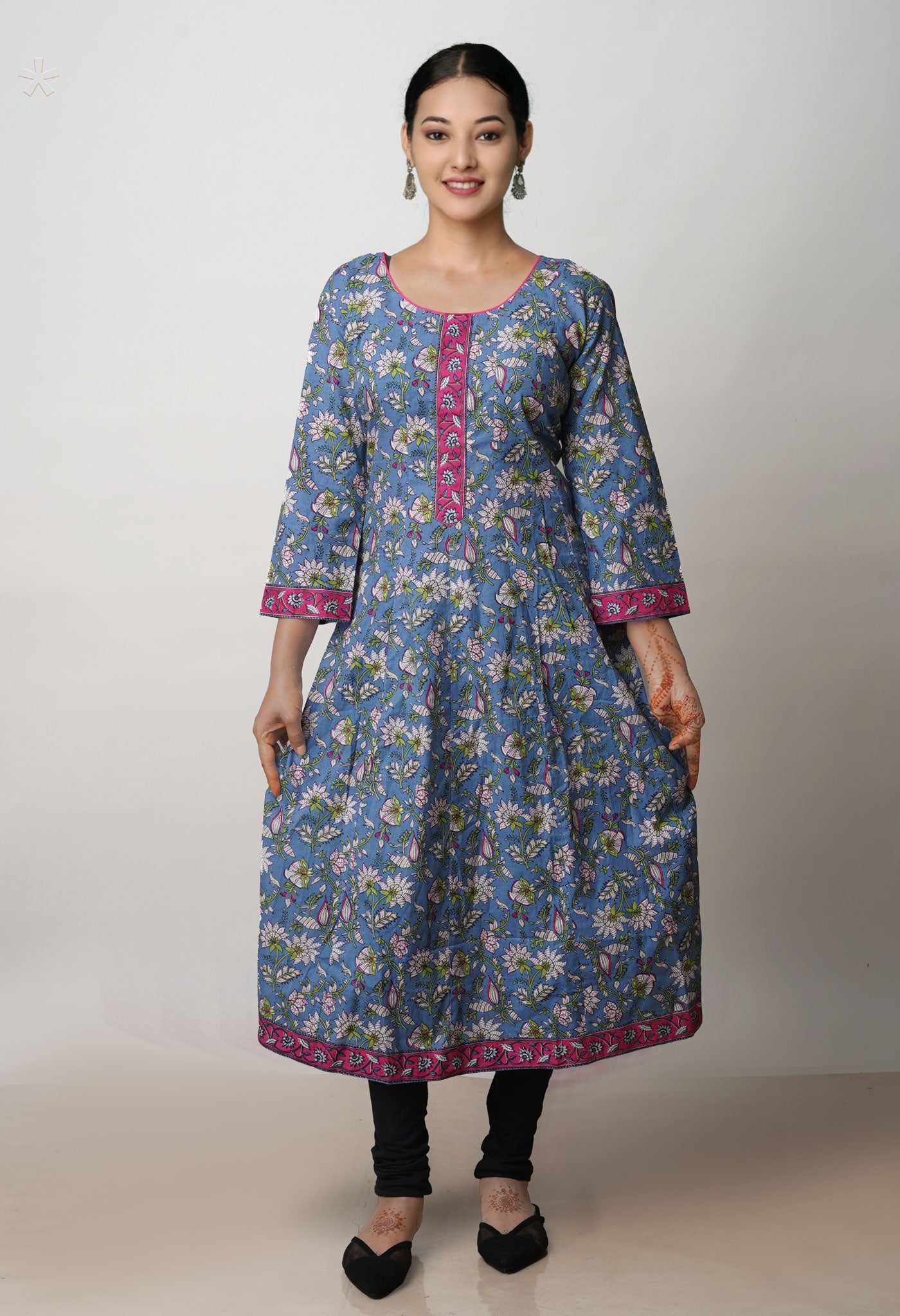 Blue Pure Bagru Floral Printed Cotton Kurta -PKK1917