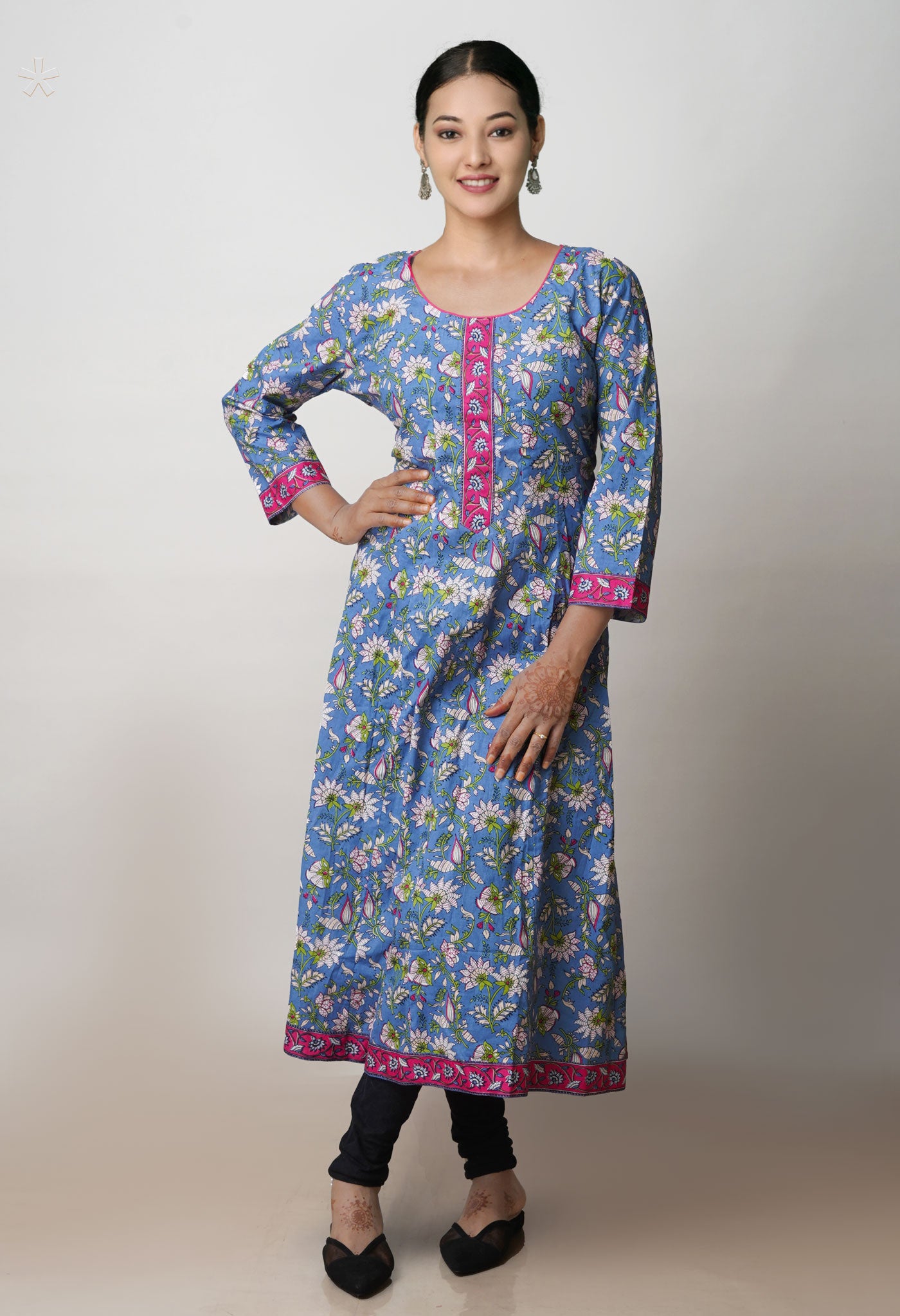 Blue Pure Bagru Floral Printed Cotton Kurta -PKK1917