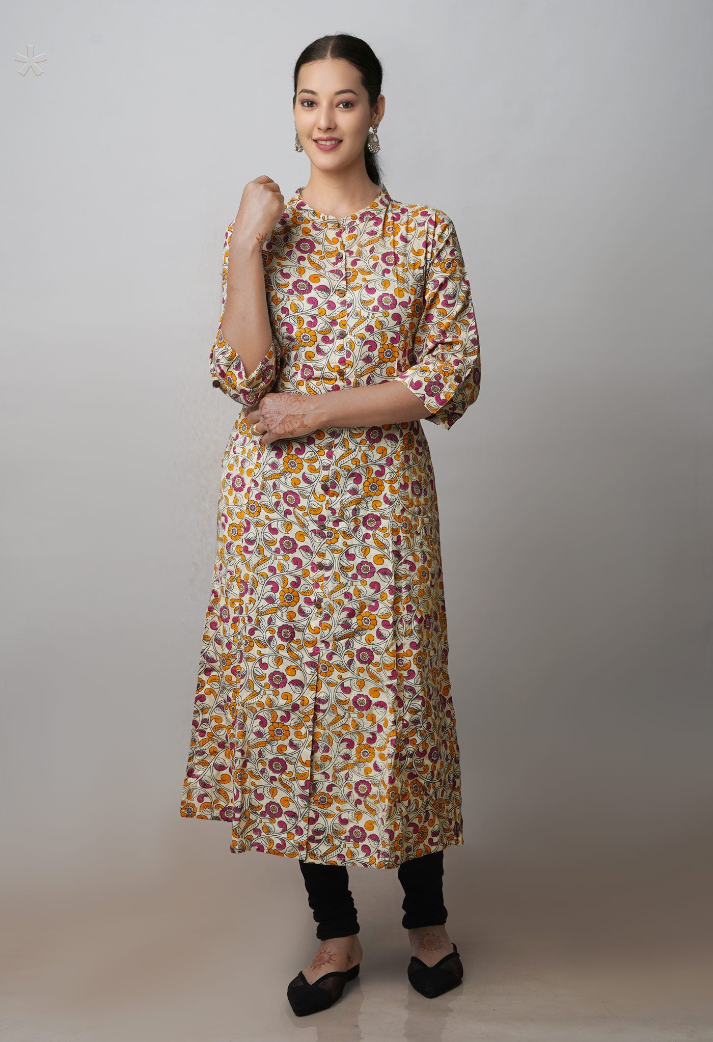 Cream Pure Kalamkari Floral Printed Cotton Kurta-PKK1920