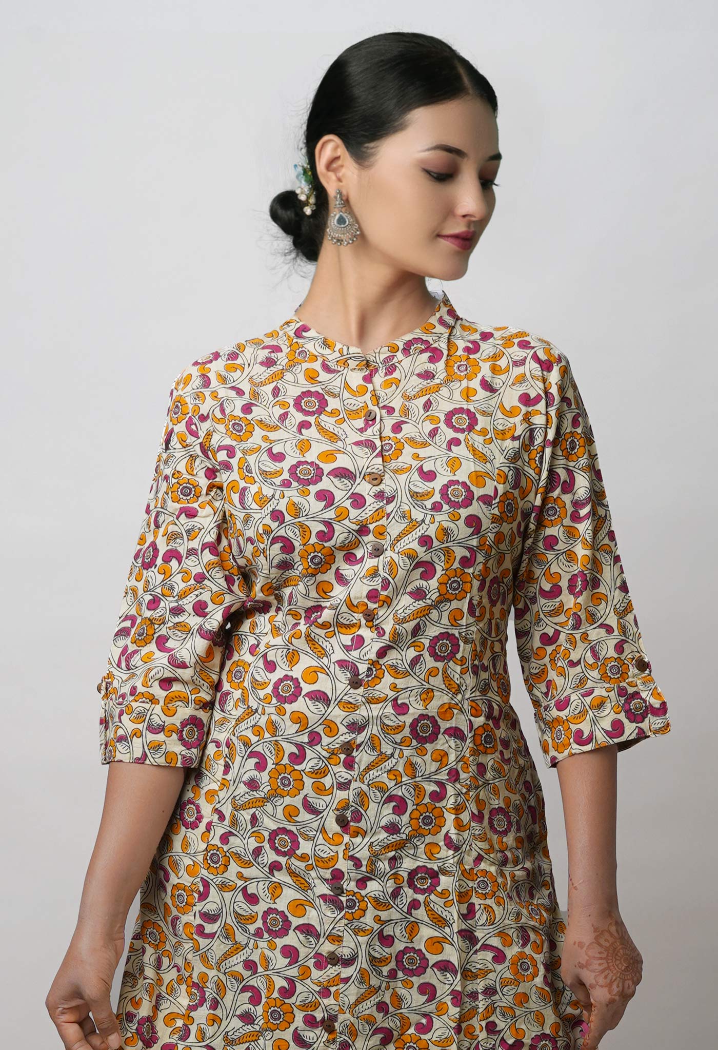 Cream Pure Kalamkari Floral Printed Cotton Kurta-PKK1920