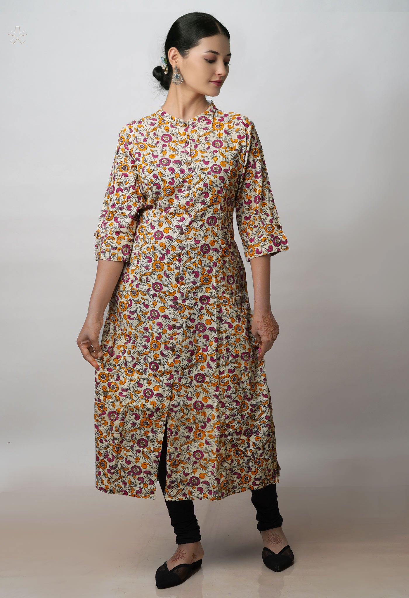 Cream Pure Kalamkari Floral Printed Cotton Kurta-PKK1920