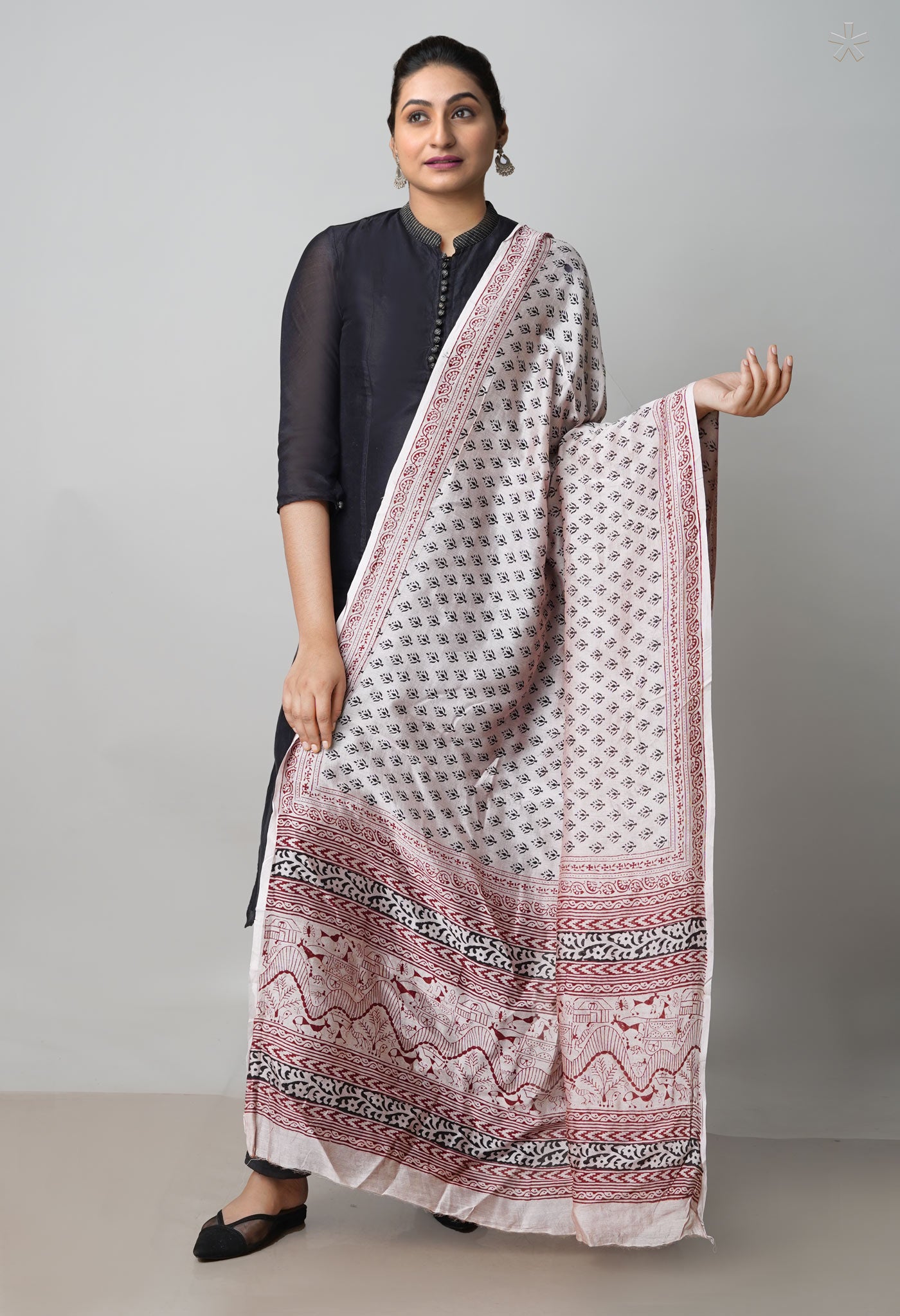 Beige Pure Chanderi Bagh Printed Dupatta–UDS4962