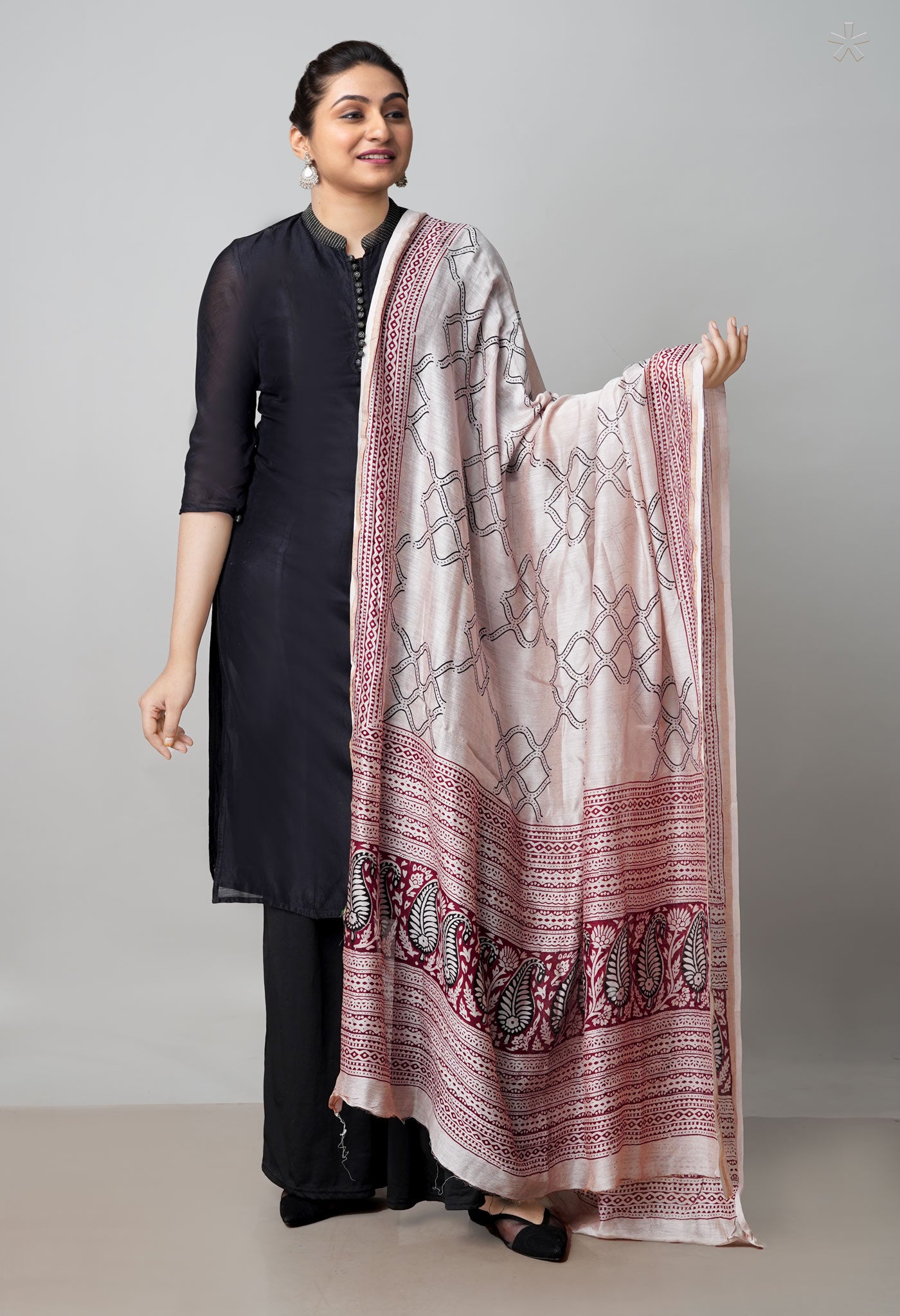 Beige Pure Chanderi Bagh Printed Dupatta–UDS4963