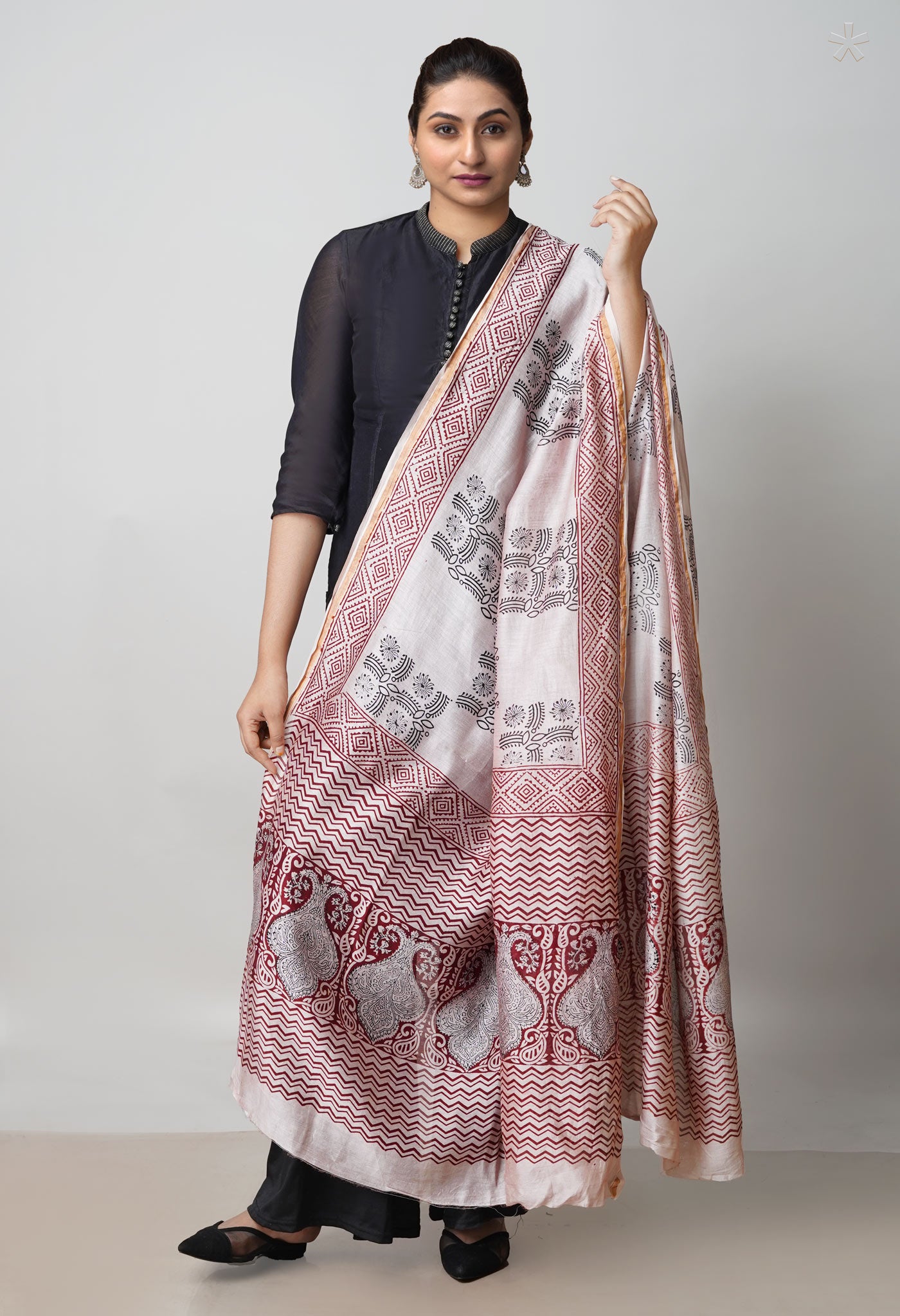 Beige Pure Chanderi Bagh Printed Dupatta–UDS4972