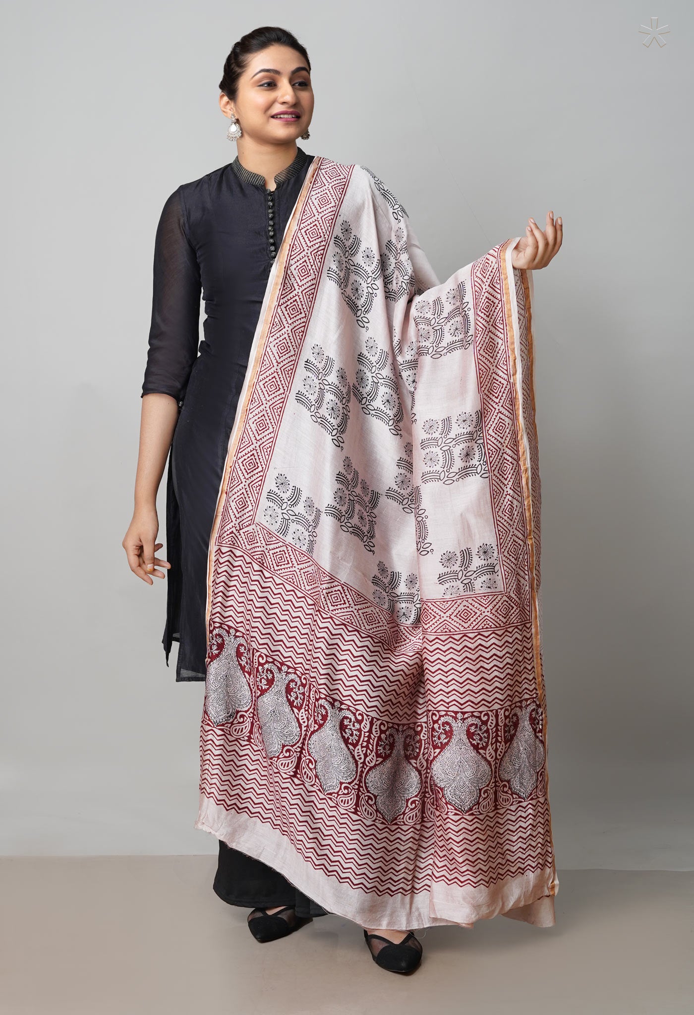 Beige Pure Chanderi Bagh Printed Dupatta–UDS4972