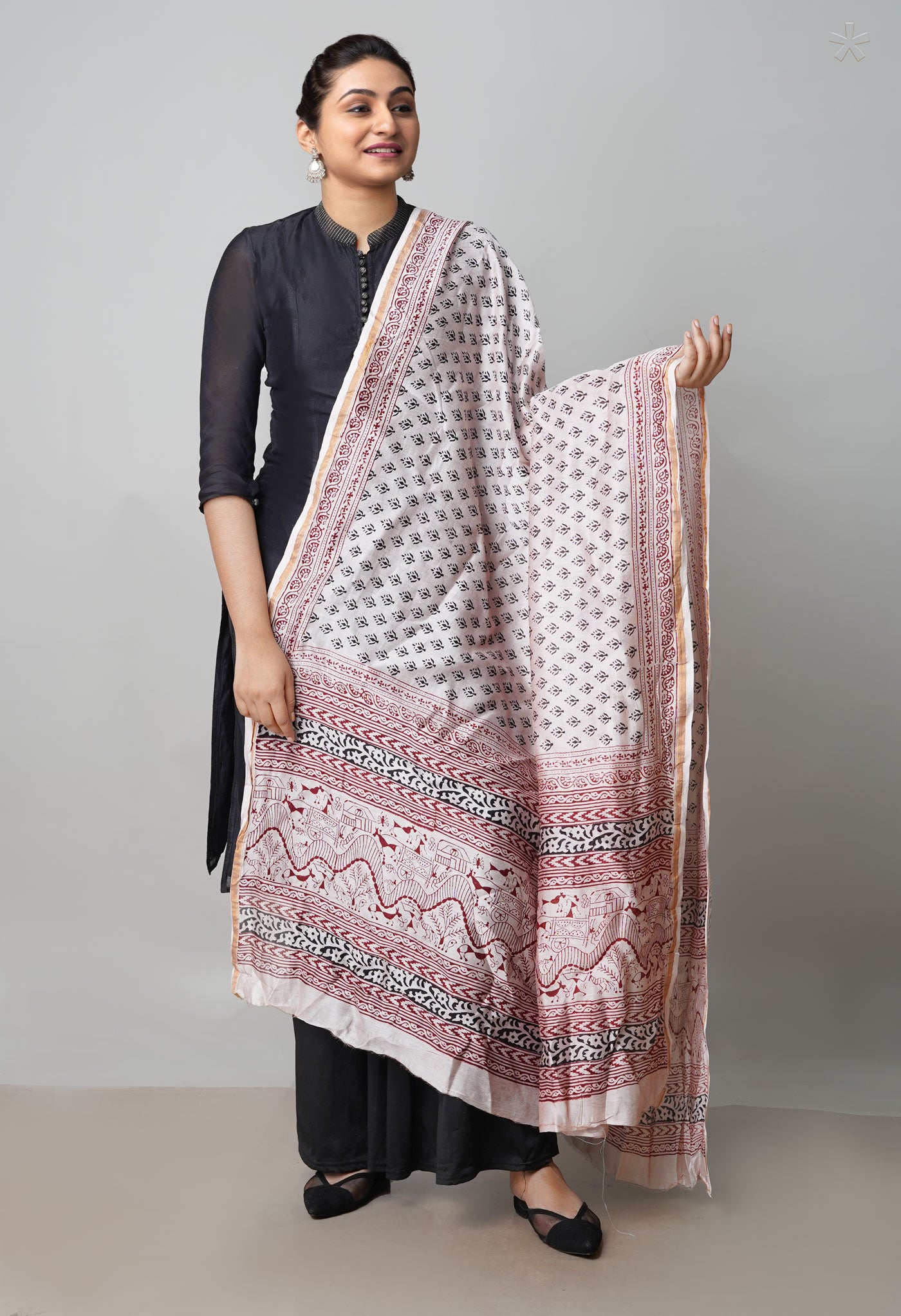 Beige Pure Chanderi Bagh Printed Dupatta–UDS4976