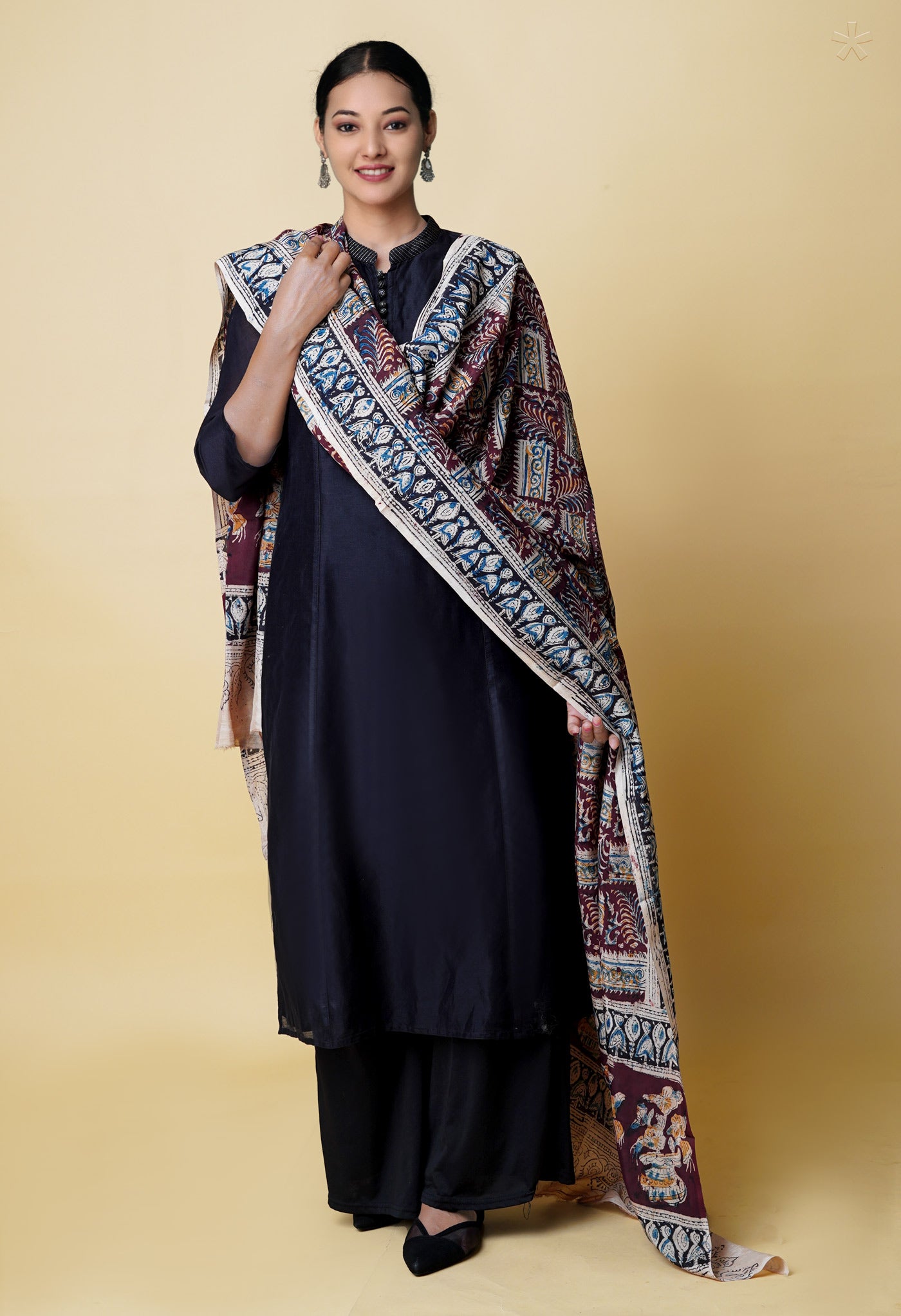 Multi Pure Hand Block Kalamkari Soft Silk Dupatta–UDS5223