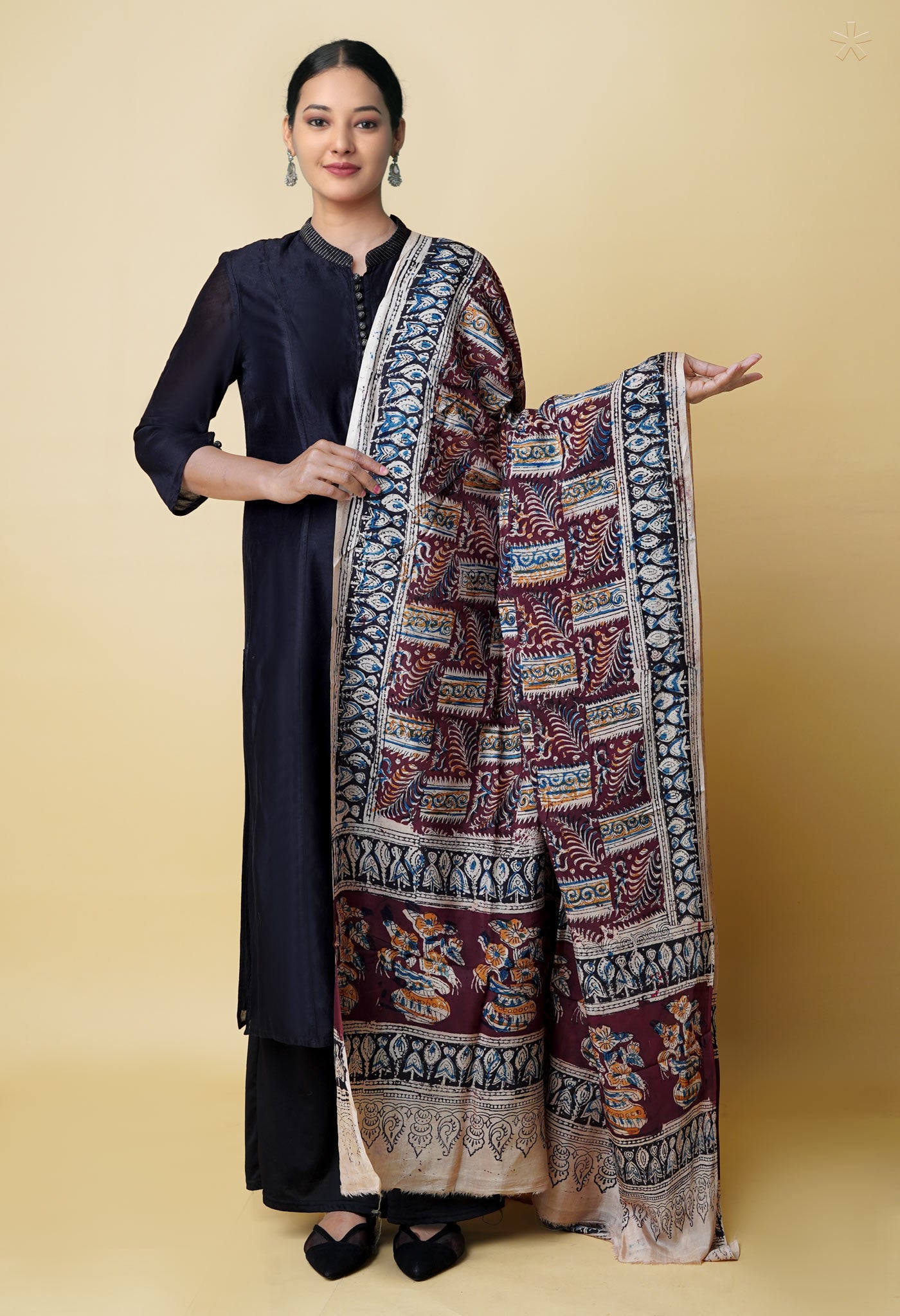 Multi Pure Hand Block Kalamkari Soft Silk Dupatta–UDS5223
