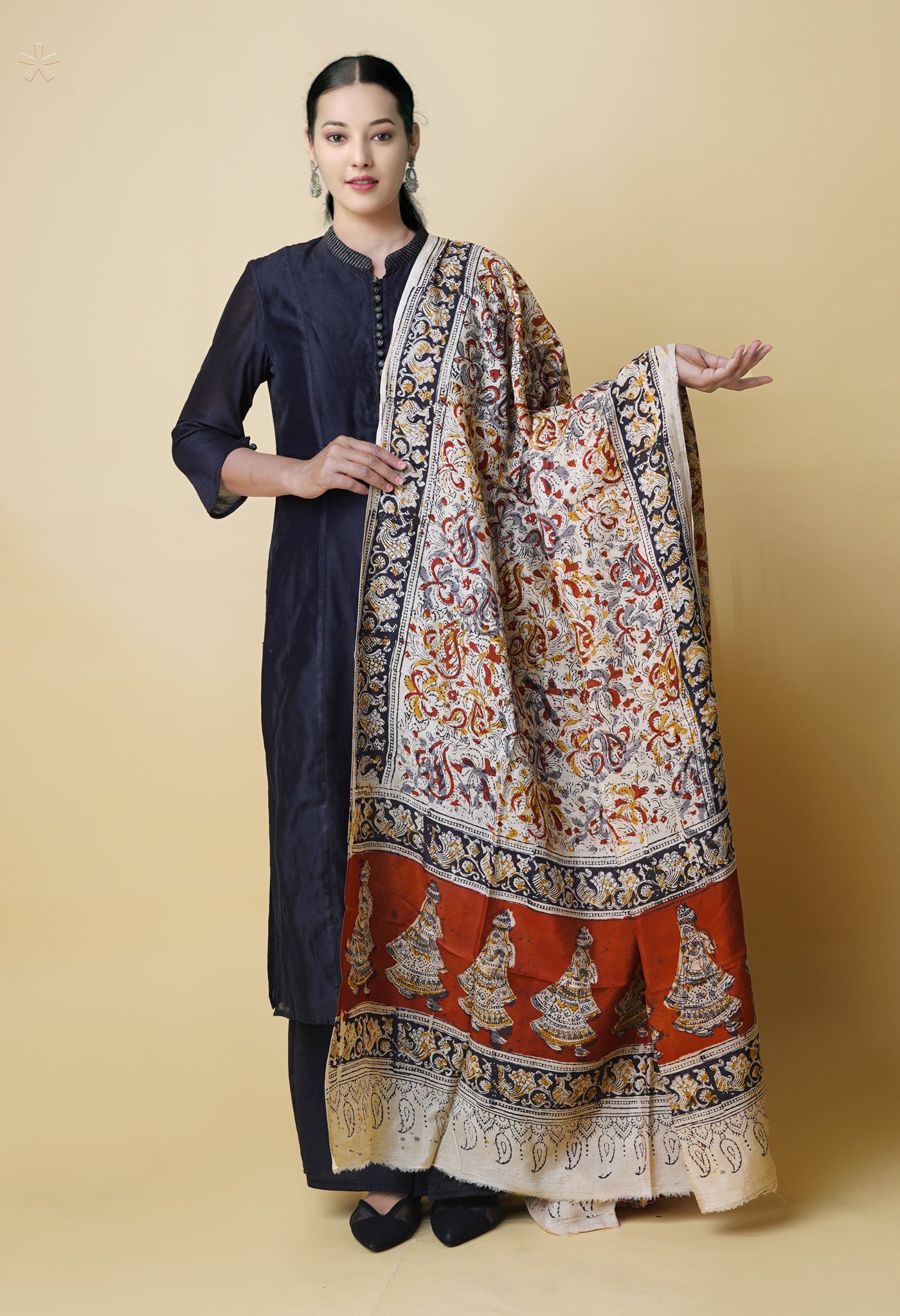 Multi Pure Hand Block Kalamkari Soft Silk Dupatta–UDS5244