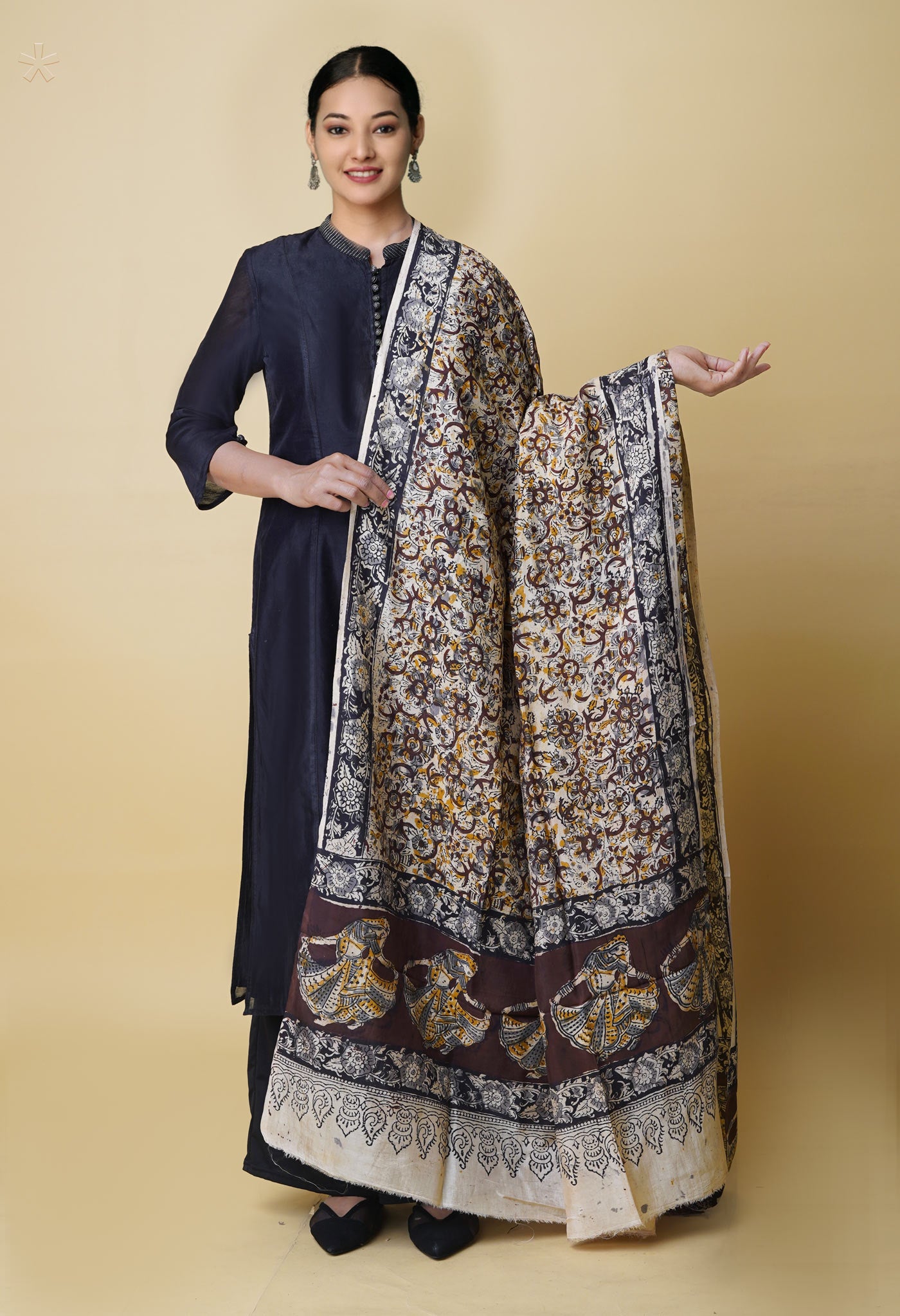 Multi Pure Hand Block Kalamkari Soft Silk Dupatta–UDS5247