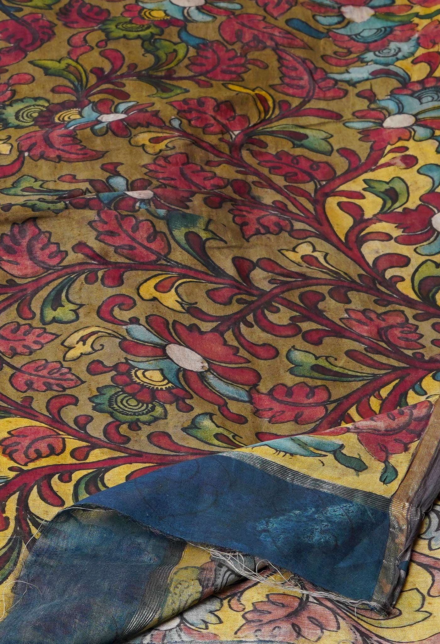 Olive Green-Yellow Pure Pen Kalamkari Hand Painted Chanderi Cotton Silk Dupatta –UDS5399