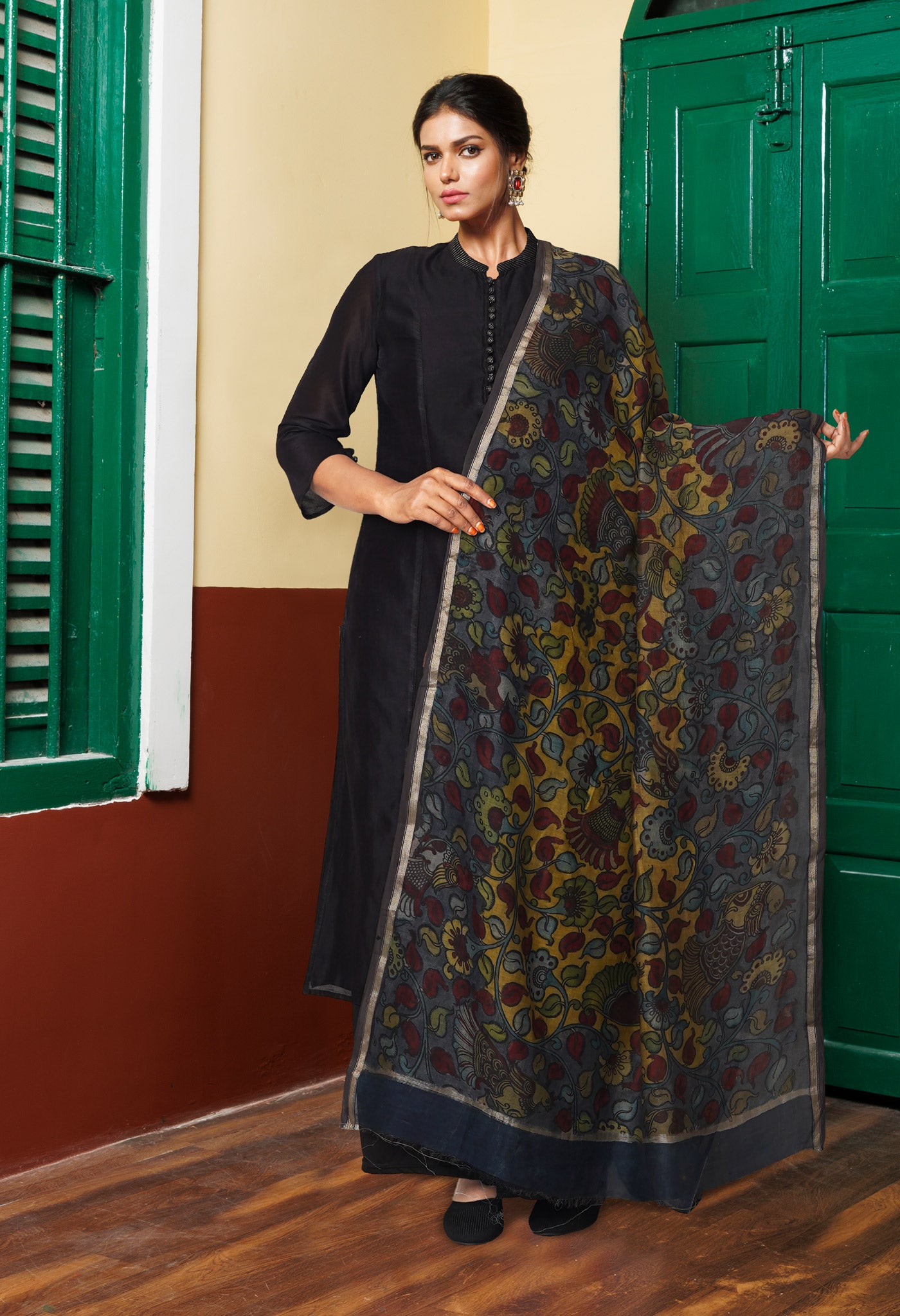 Pewter Grey Pure Pen Kalamkari Hand Painted Chanderi Cotton Silk Dupatta –UDS5413