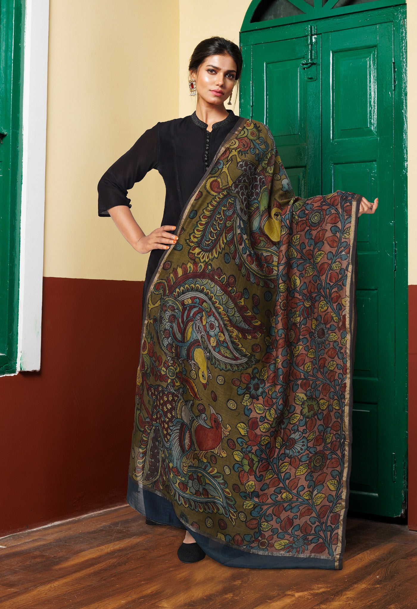 Peach Pink Pure Pen Kalamkari Hand Painted Chanderi Cotton Silk Dupatta –UDS5417