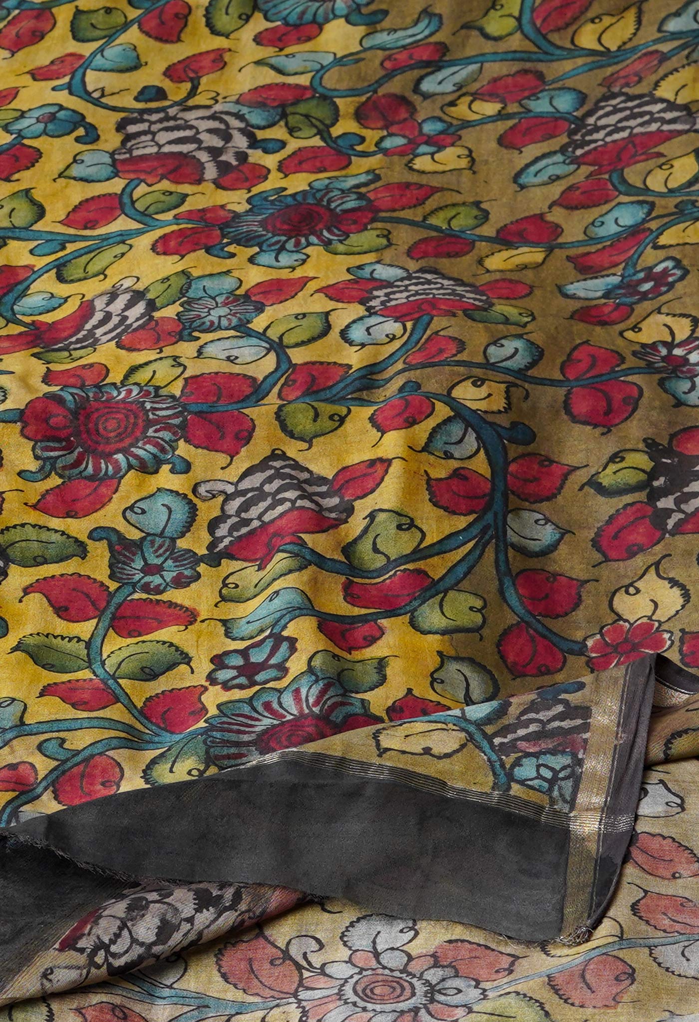 Yellow-Olive Green Pure Pen Kalamkari Hand Painted Chanderi Cotton Silk Dupatta –UDS5418