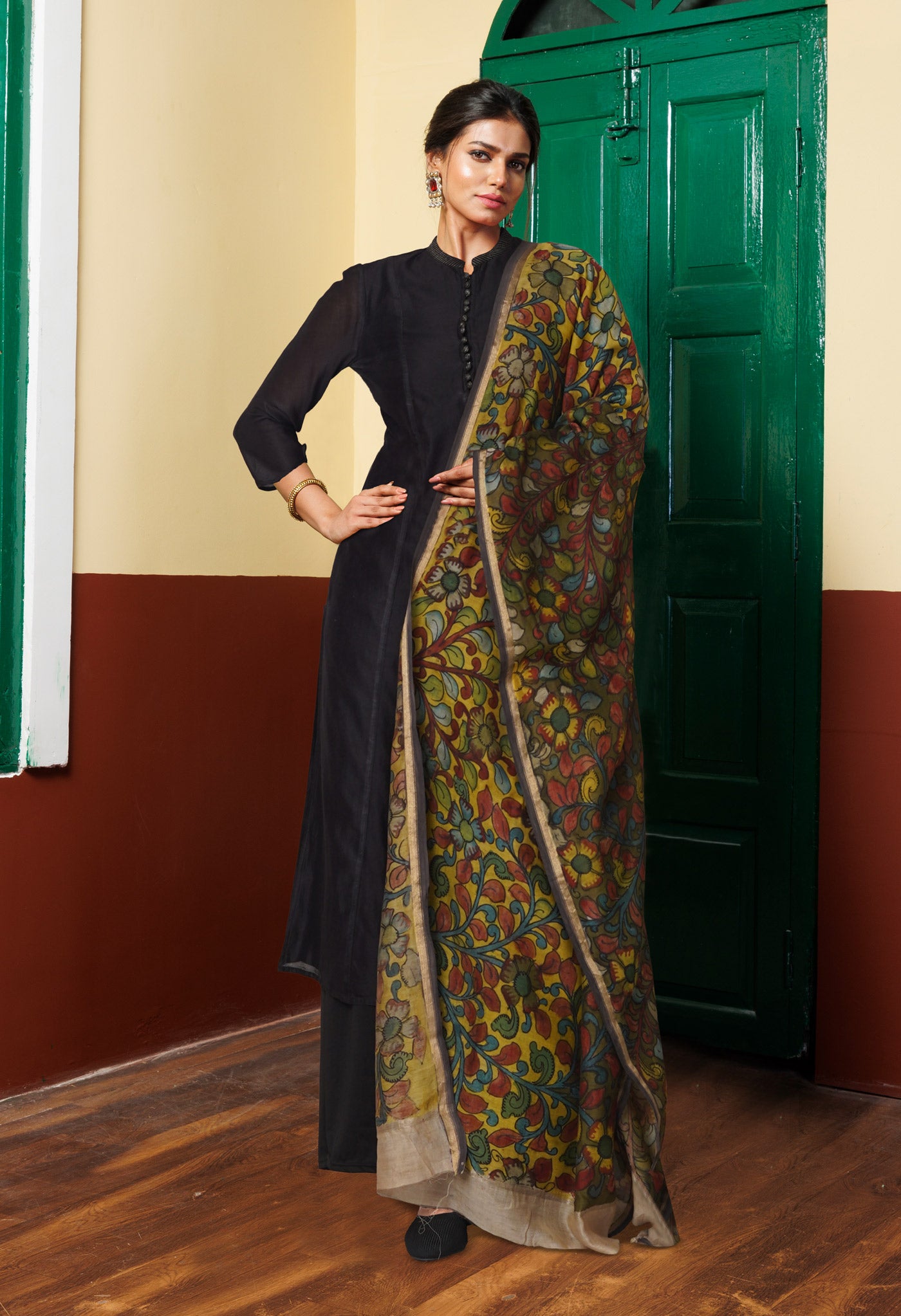 Yellow-Olive Green Pure Pen Kalamkari Hand Painted Chanderi Cotton Silk Dupatta –UDS5430