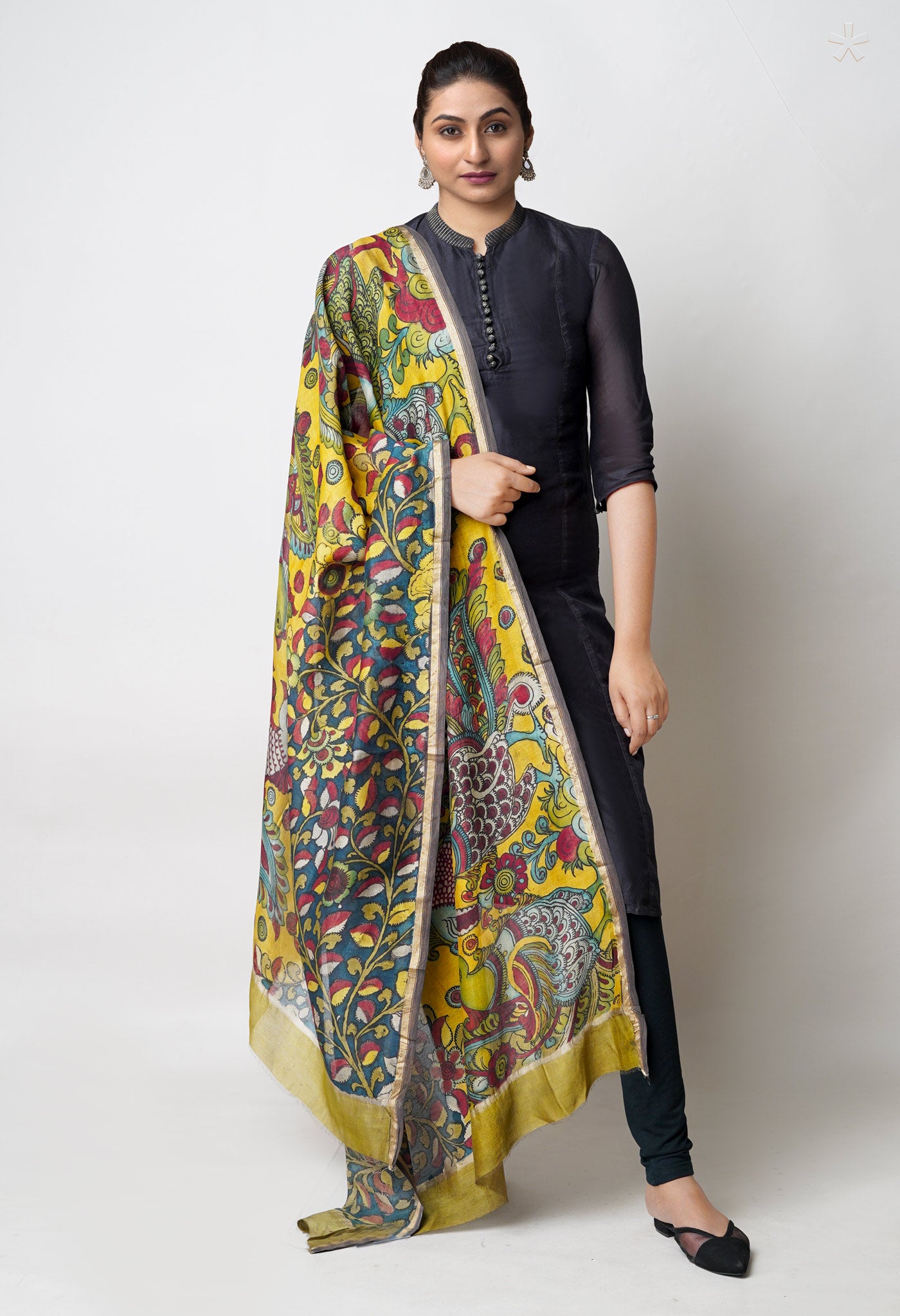 Yellow-Peacock Blue Pure Pen Kalamkari Hand Painted Chanderi Cotton Silk Dupatta –UDS5432