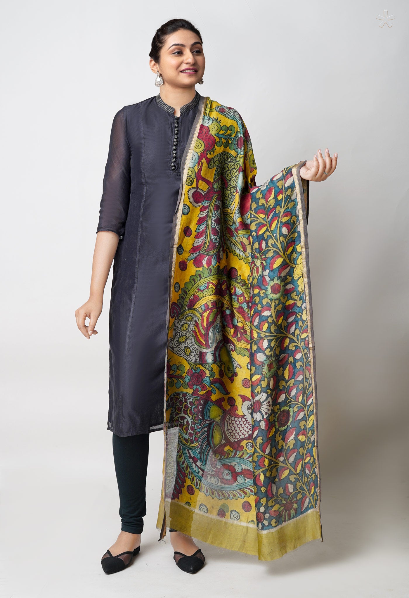 Yellow-Peacock Blue Pure Pen Kalamkari Hand Painted Chanderi Cotton Silk Dupatta –UDS5432