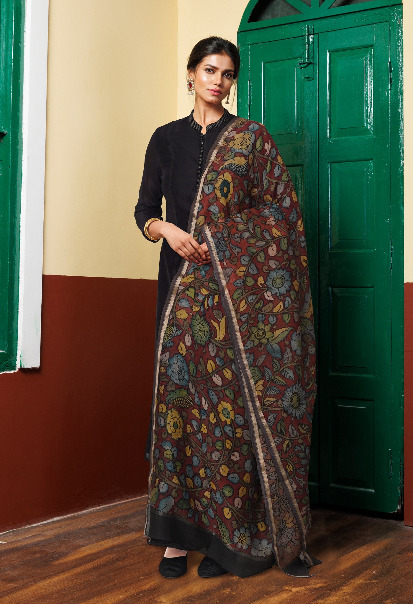 Red Pure Pen Kalamkari Hand Painted Chanderi Cotton Silk Dupatta –UDS5433