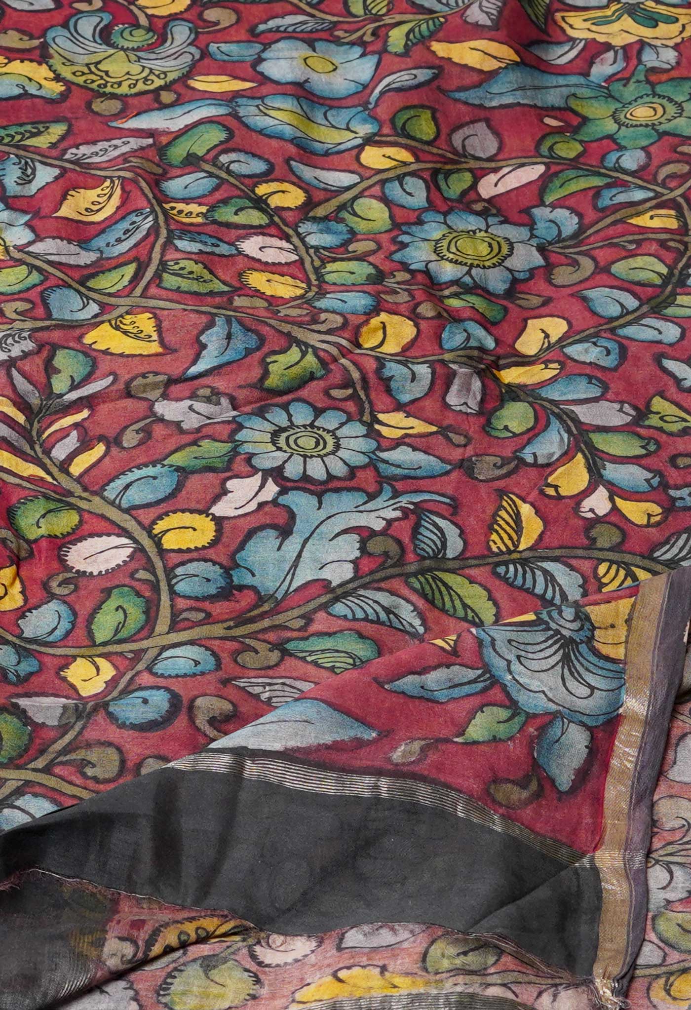 Red Pure Pen Kalamkari Hand Painted Chanderi Cotton Silk Dupatta –UDS5433