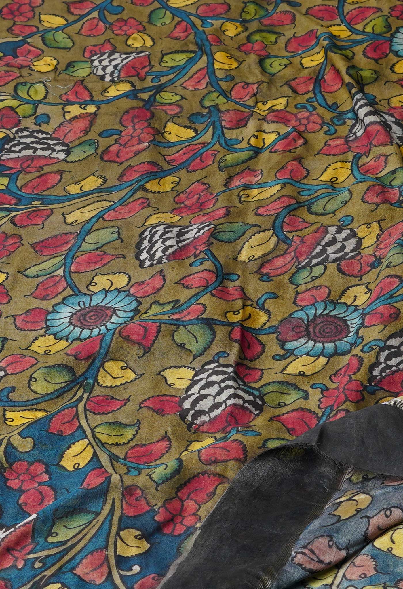 Olive Green-Peacock Blue Pure Pen Kalamkari Hand Painted Chanderi Cotton Silk Dupatta –UDS5436