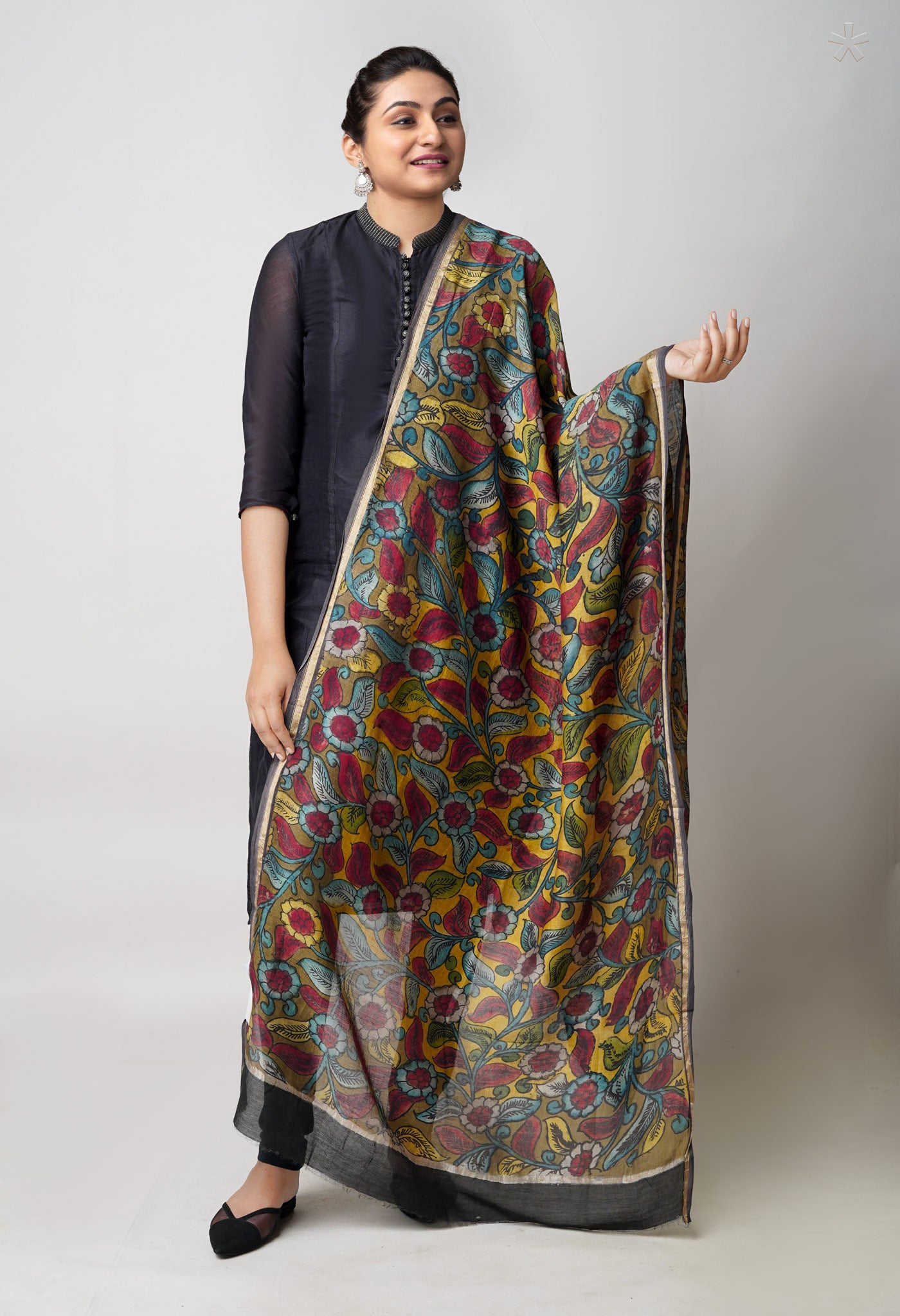 Yellow-Olive Green Pure Pen Kalamkari Hand Painted Chanderi Cotton Silk Dupatta –UDS5449