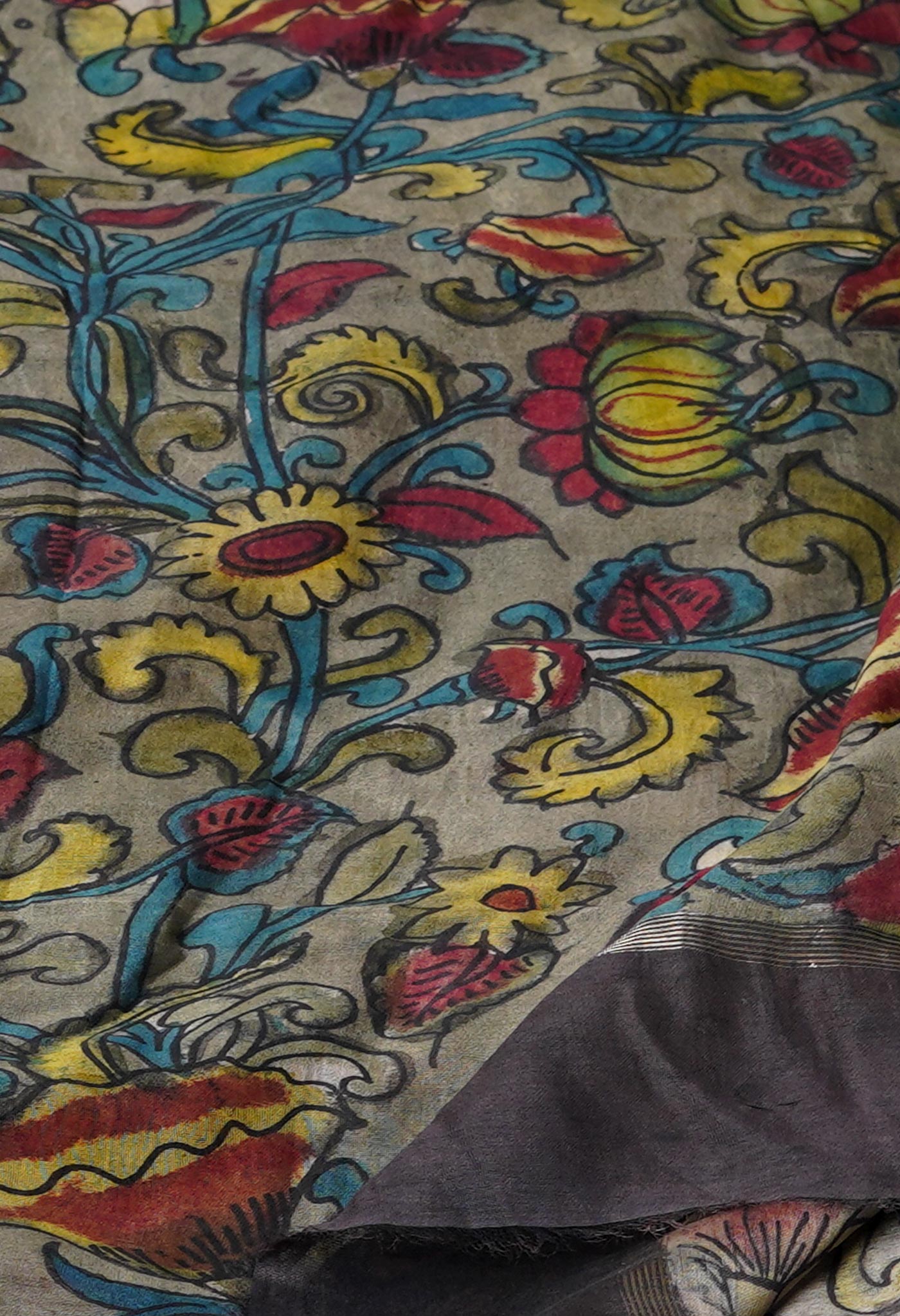 Pale Grey Pure Pen Kalamkari Hand Painted Chanderi Cotton Silk Dupatta –UDS5461