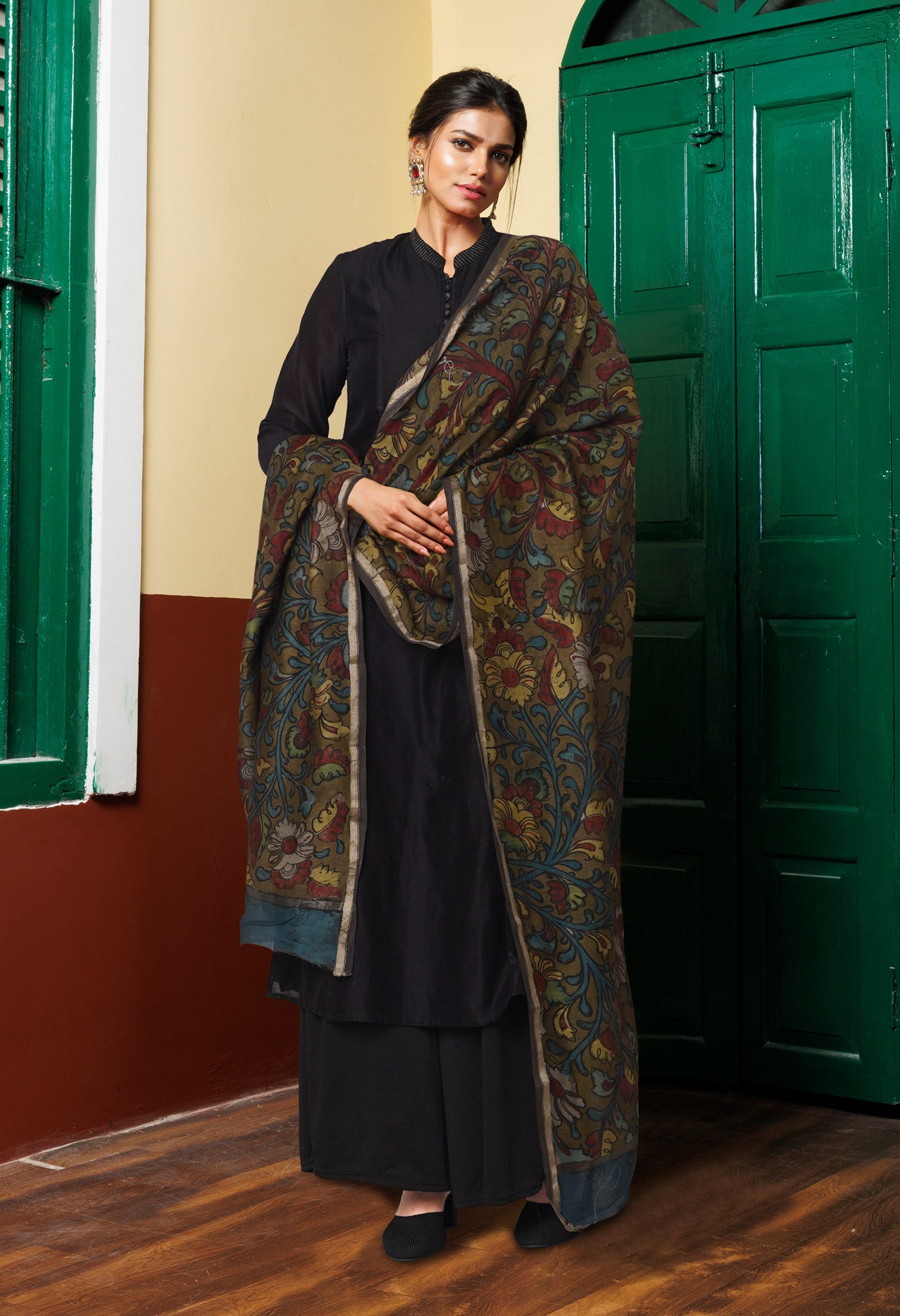 Olive Green Pure Pen Kalamkari Hand Painted Chanderi Cotton Silk Dupatta –UDS5472