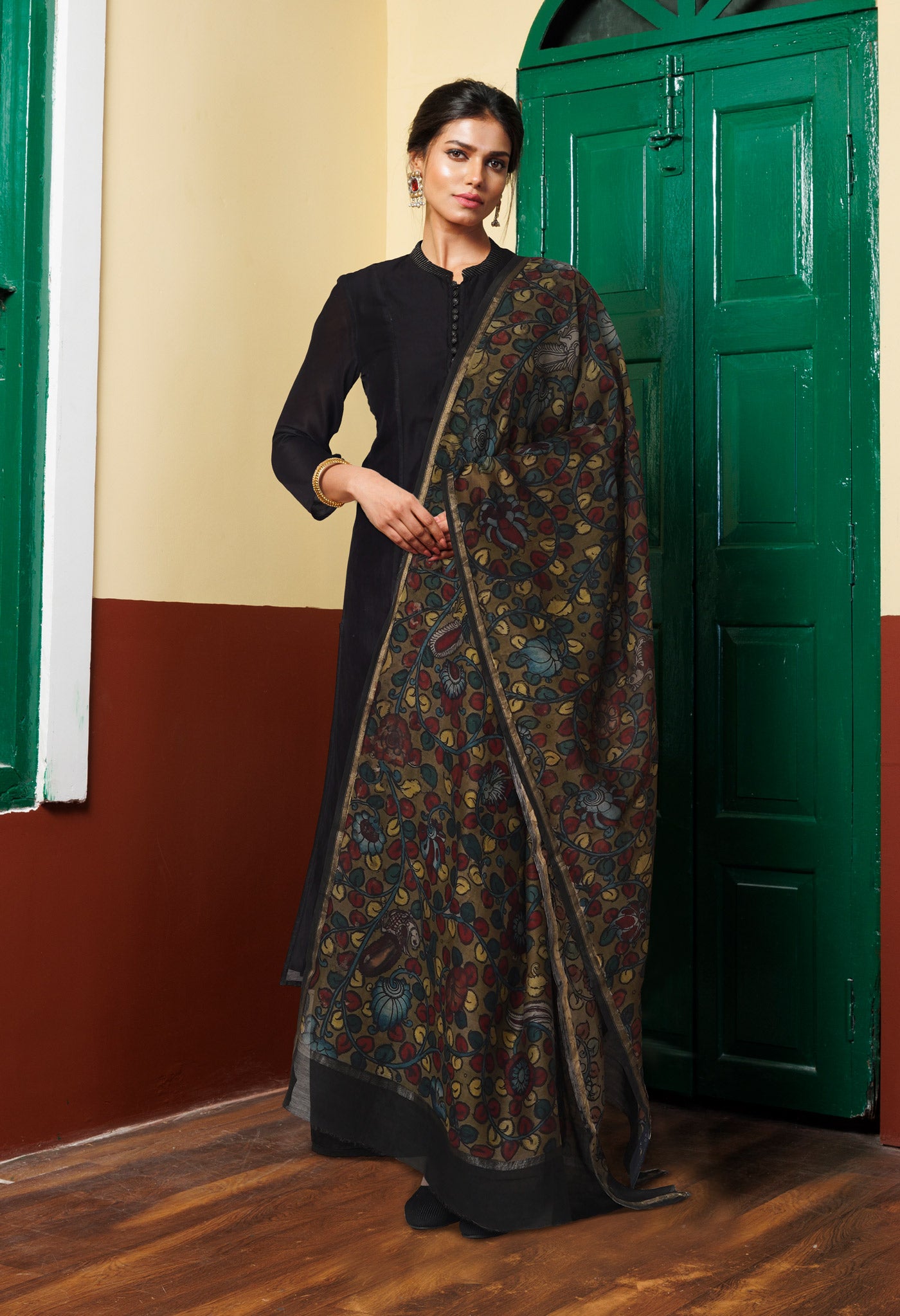 Olive Green Pure Pen Kalamkari Hand Painted Chanderi Cotton Silk Dupatta –UDS5479