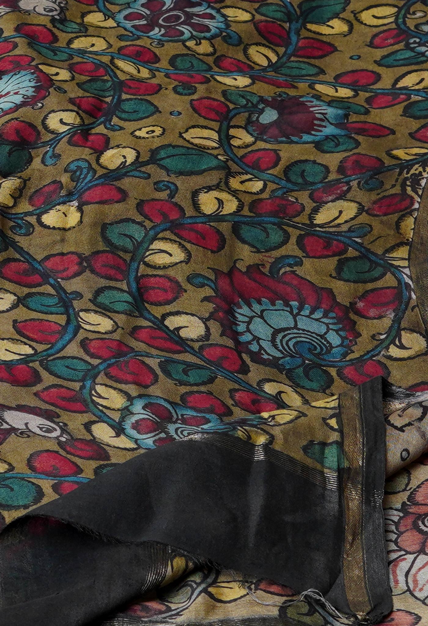 Olive Green Pure Pen Kalamkari Hand Painted Chanderi Cotton Silk Dupatta –UDS5479