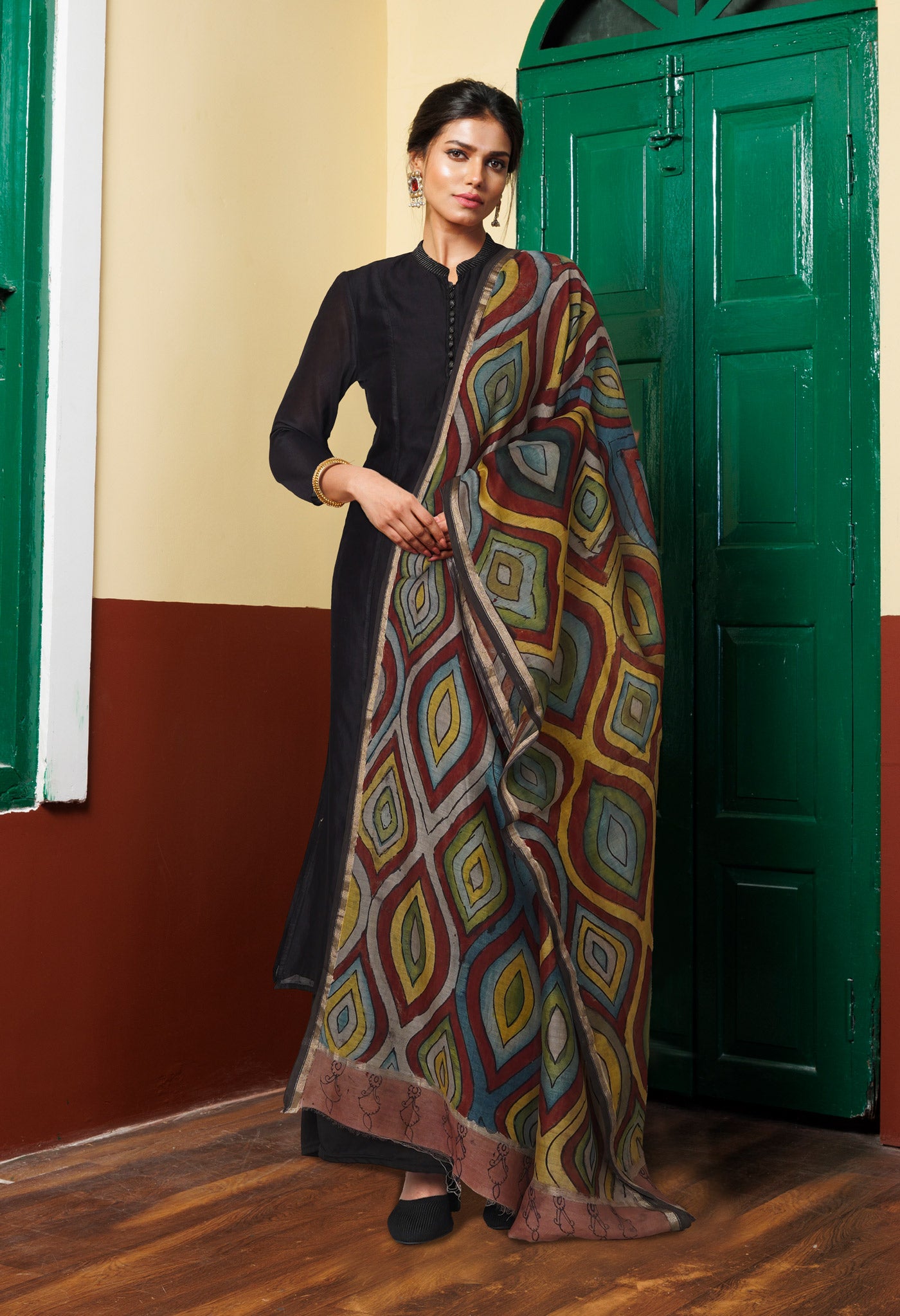Multi Pure Pen Kalamkari Hand Painted Chanderi Cotton Silk Dupatta –UDS5489