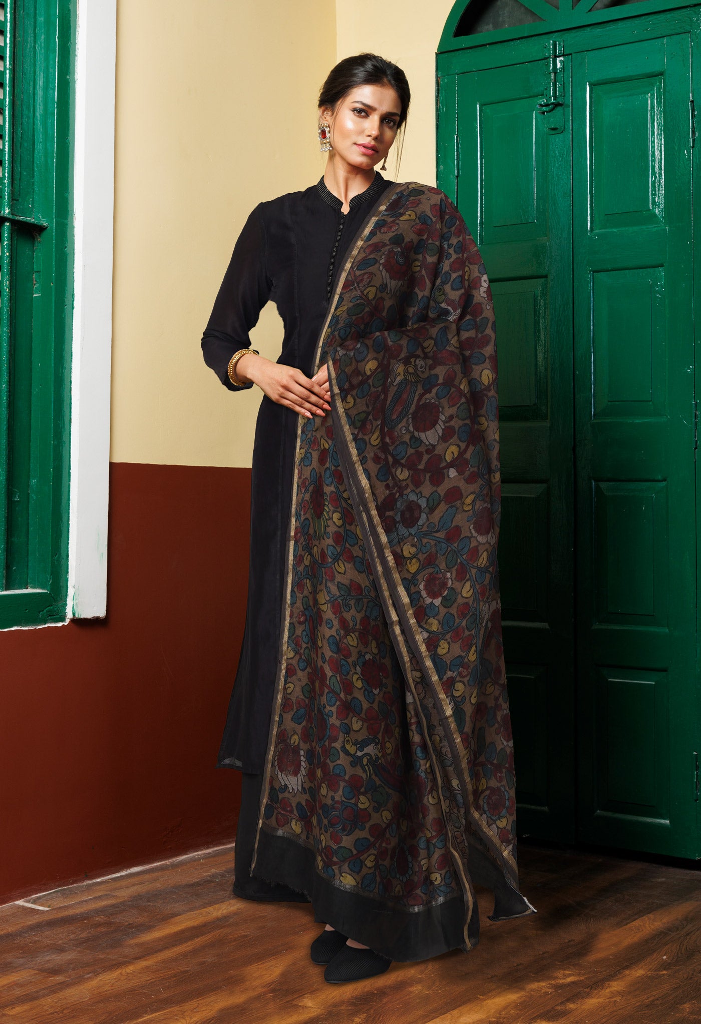 Brown Pure Pen Kalamkari Hand Painted Chanderi Cotton Silk Dupatta –UDS5493