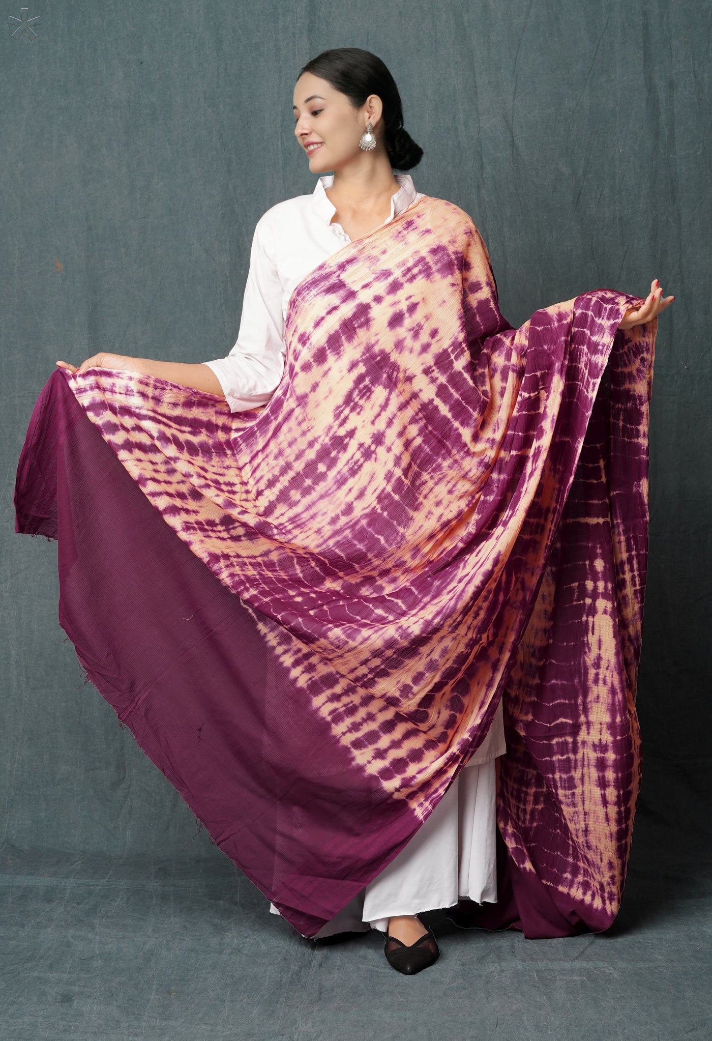 Peach Orange-Dark Purple Pure Tie- Dye Shibori Printed Kota Cotton Dupatta-UDS5568