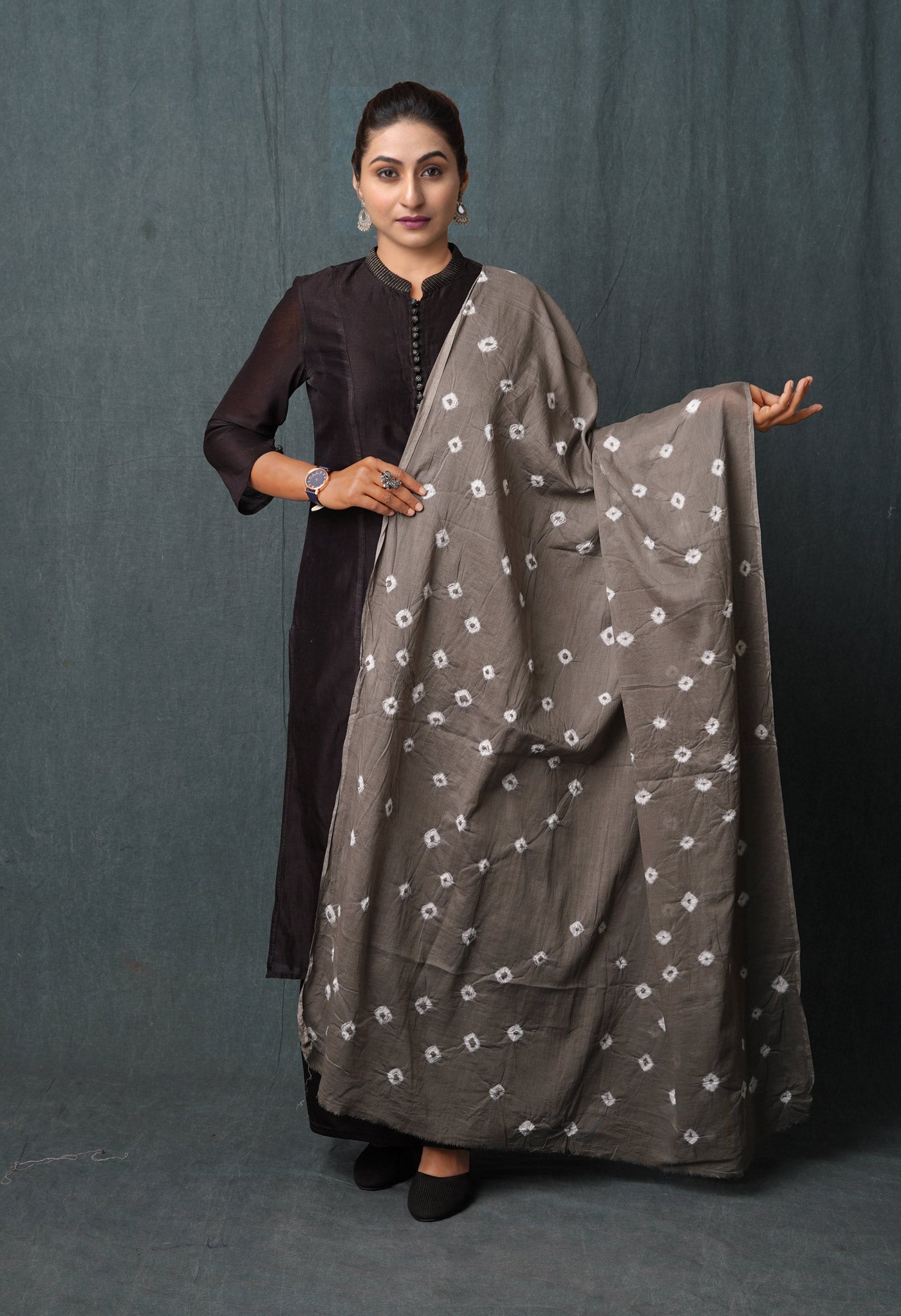 Grey Pure Bandhani Printed Cotton Dupatta-UDS5654