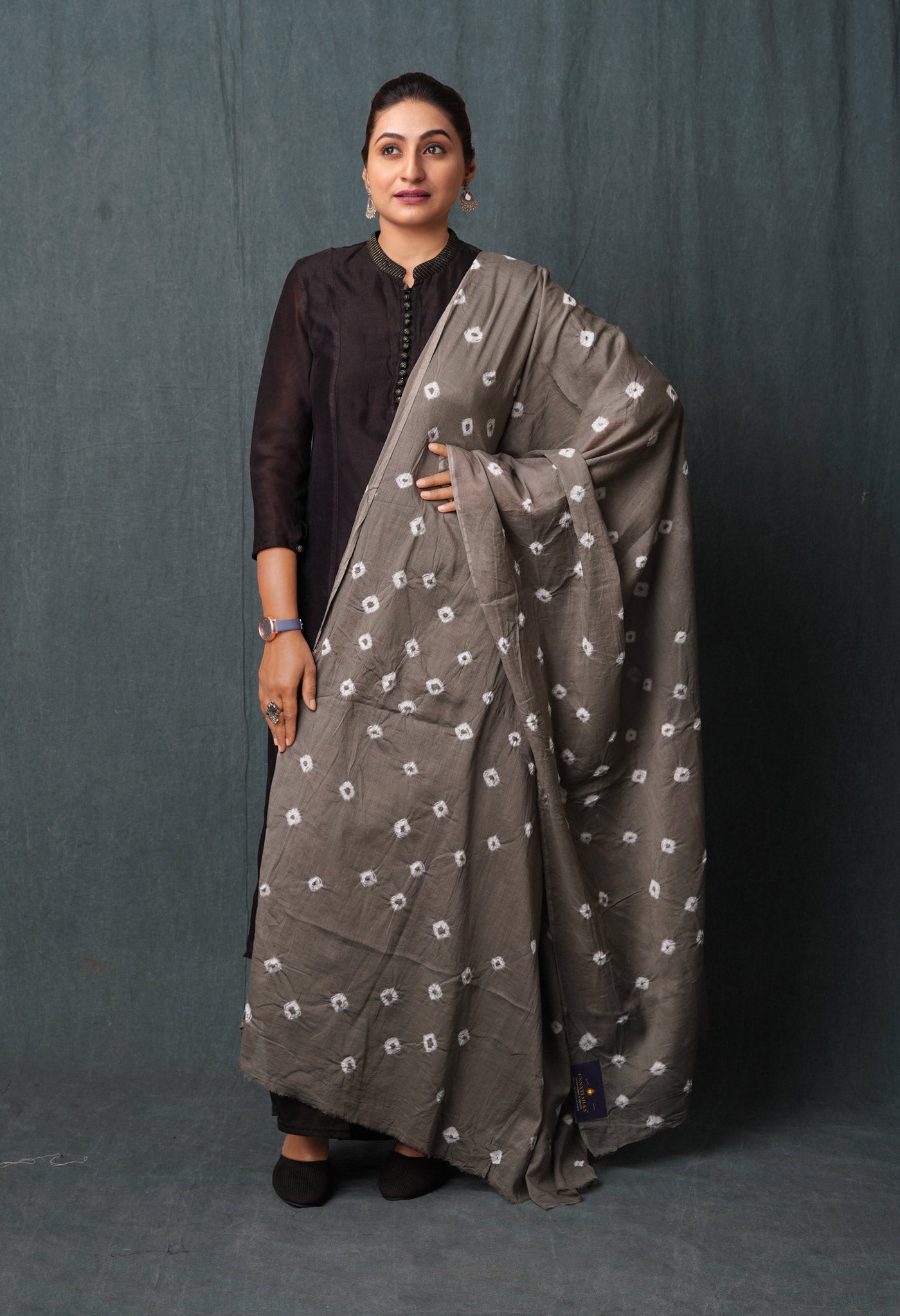 Grey Pure Bandhani Printed Cotton Dupatta-UDS5654