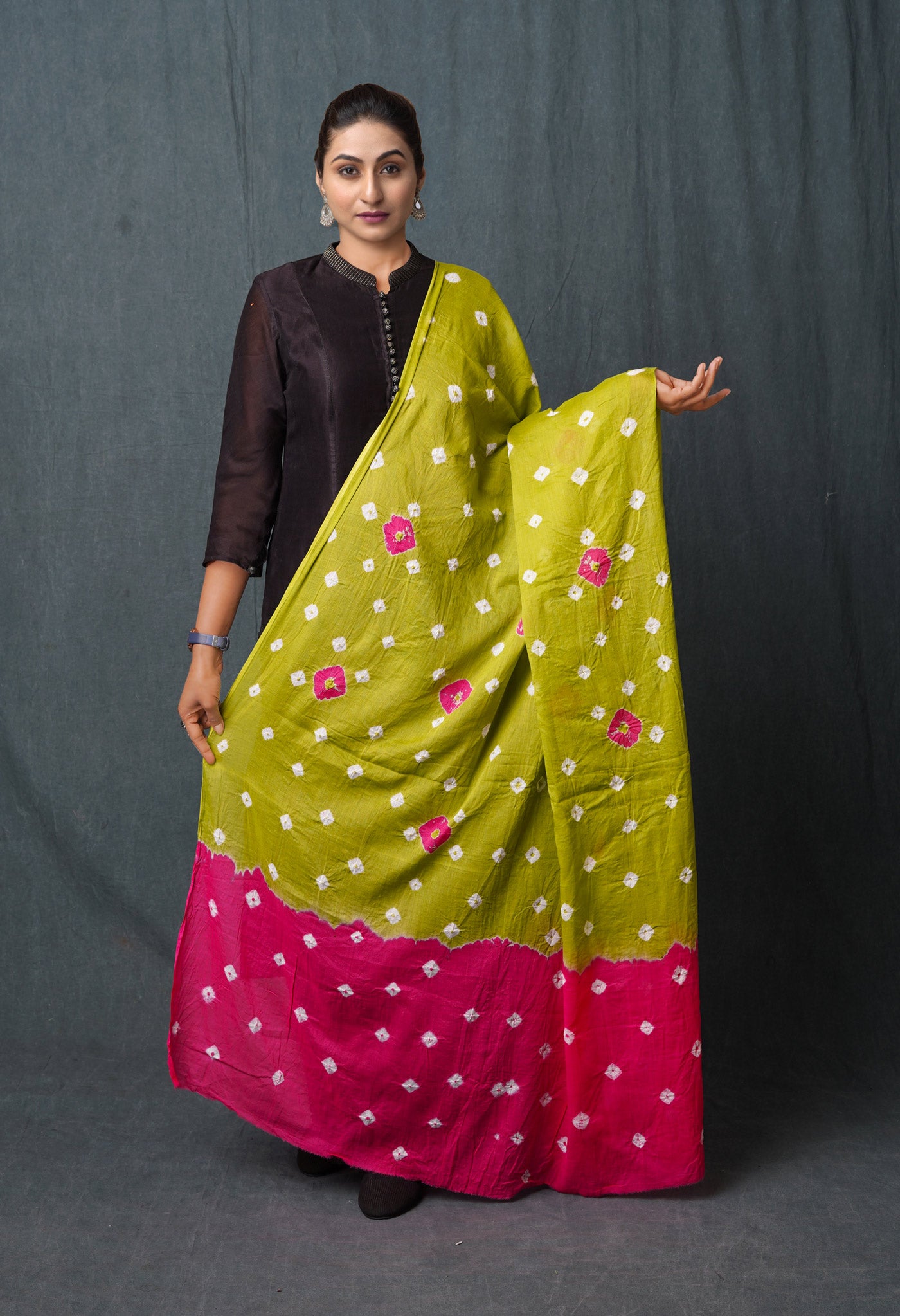 Green Pure Bandhani Printed Cotton Dupatta-UDS5681