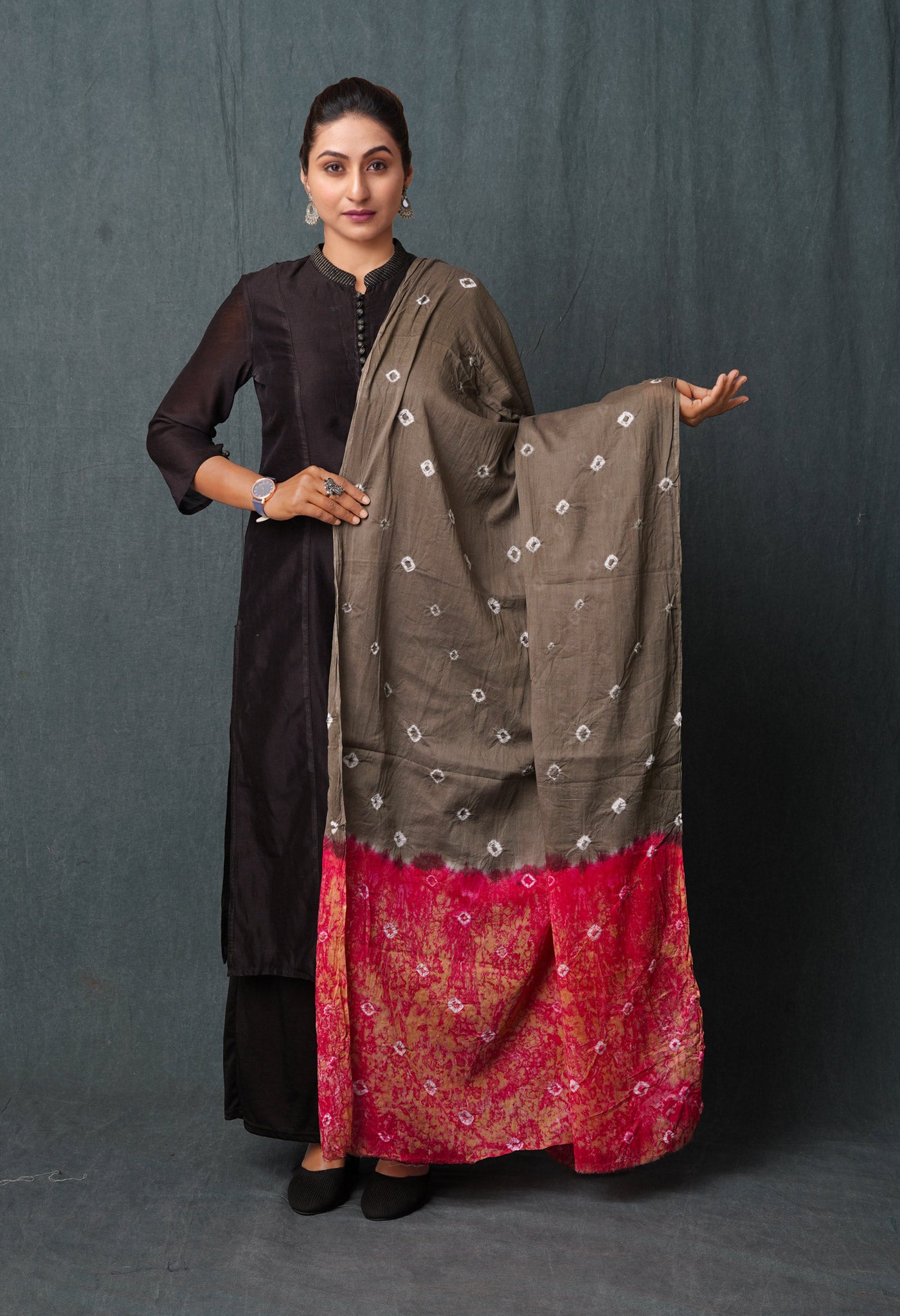 Grey Pure Bandhani Printed Cotton Dupatta