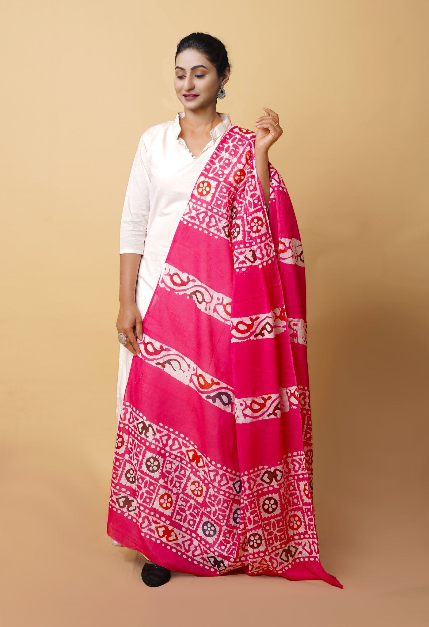 Pink Pure Wax Batik Printed Superfine Mulmul Cotton Dupatta-UDS5710