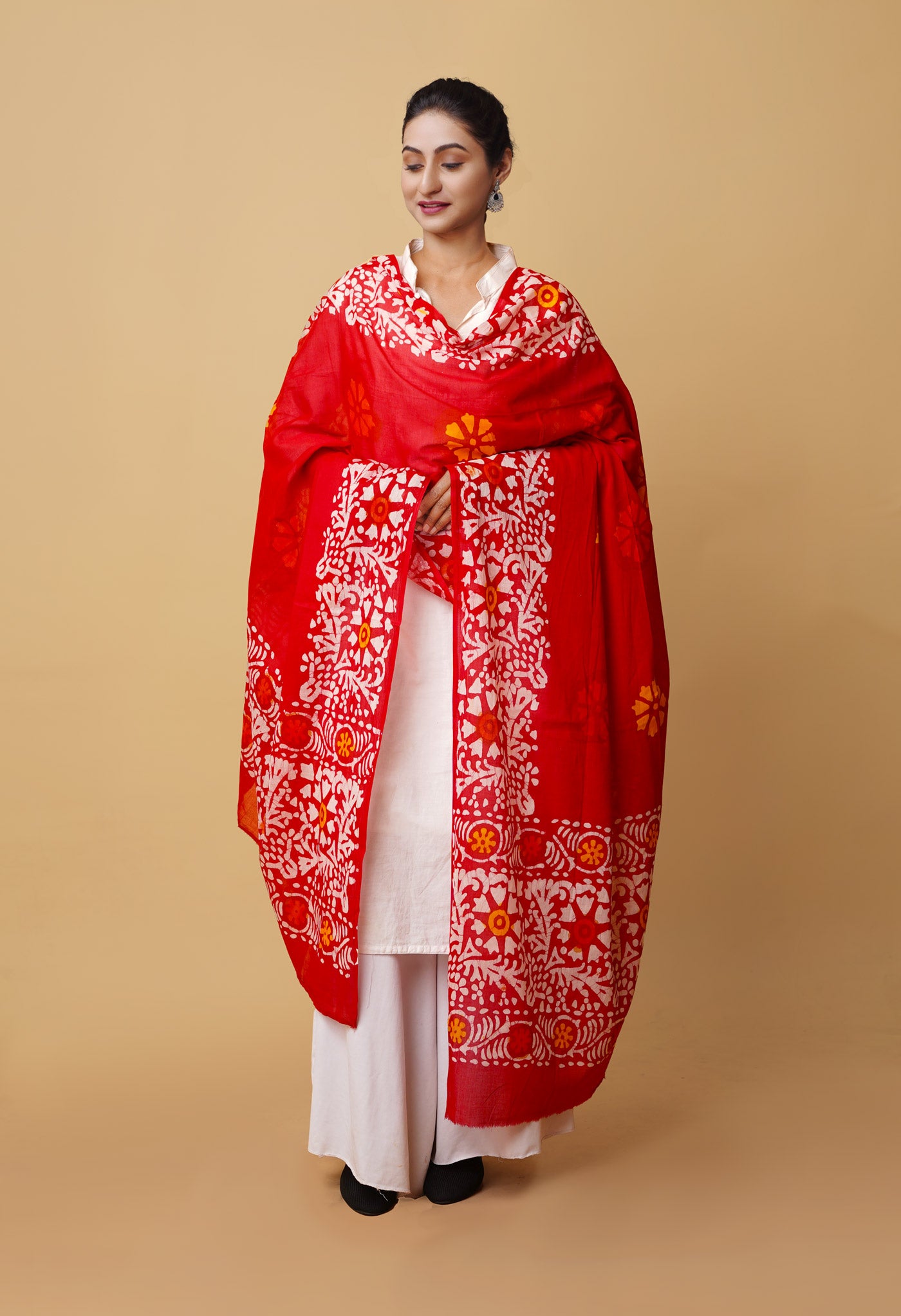 Red Pure Wax Batik Printed Superfine Mulmul Cotton Dupatta