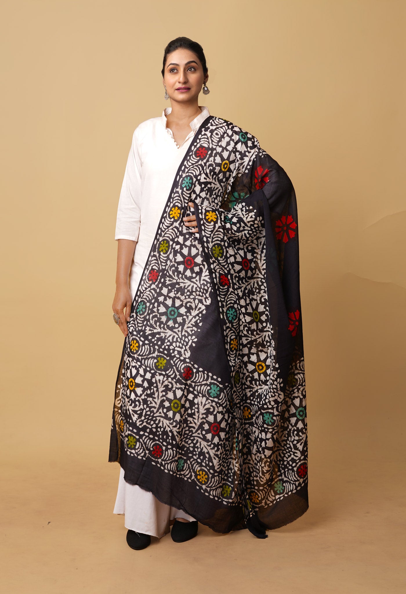 Black Pure Wax Batik Printed Superfine Mulmul Cotton Dupatta