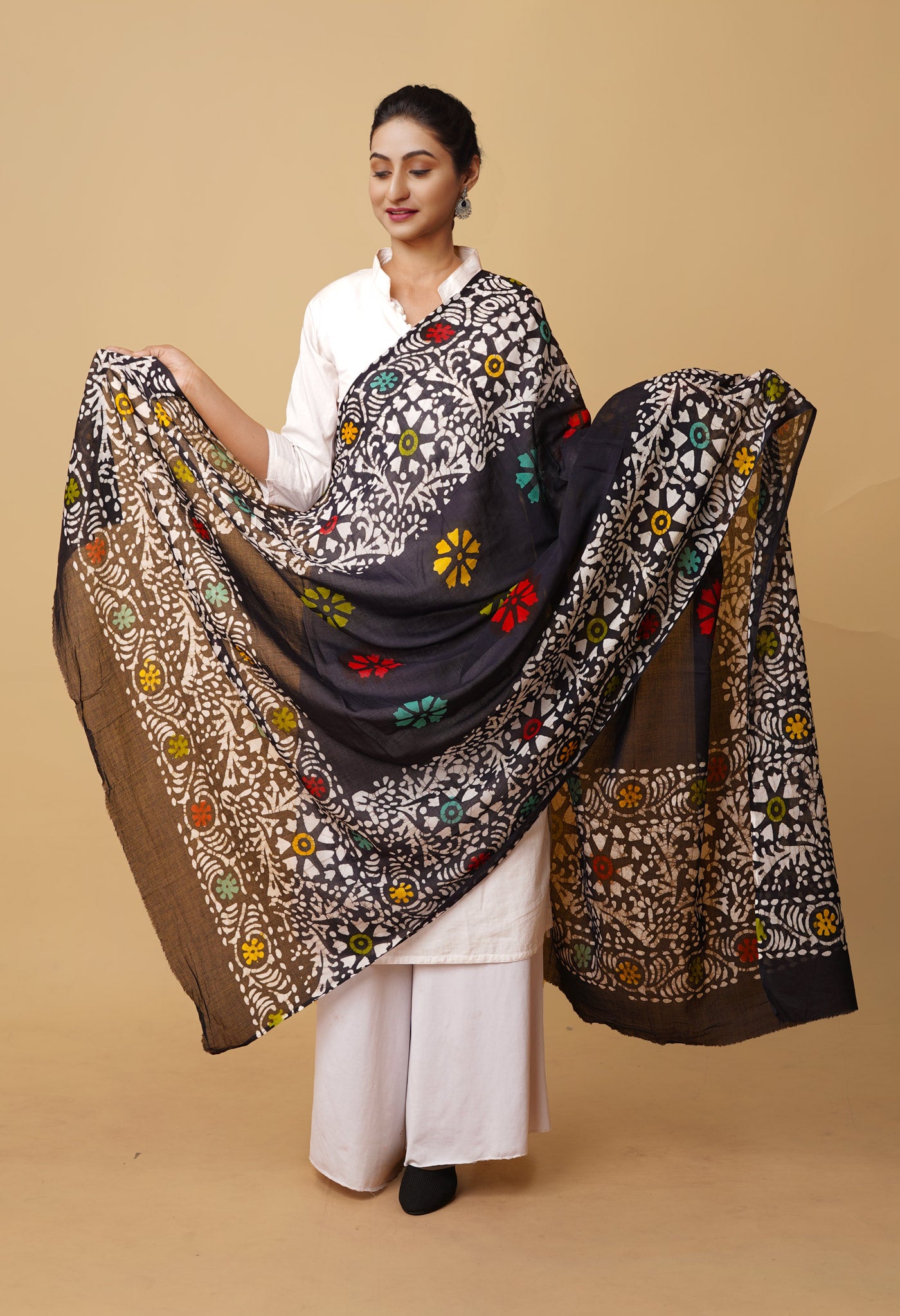 Black Pure Wax Batik Printed Superfine Mulmul Cotton Dupatta