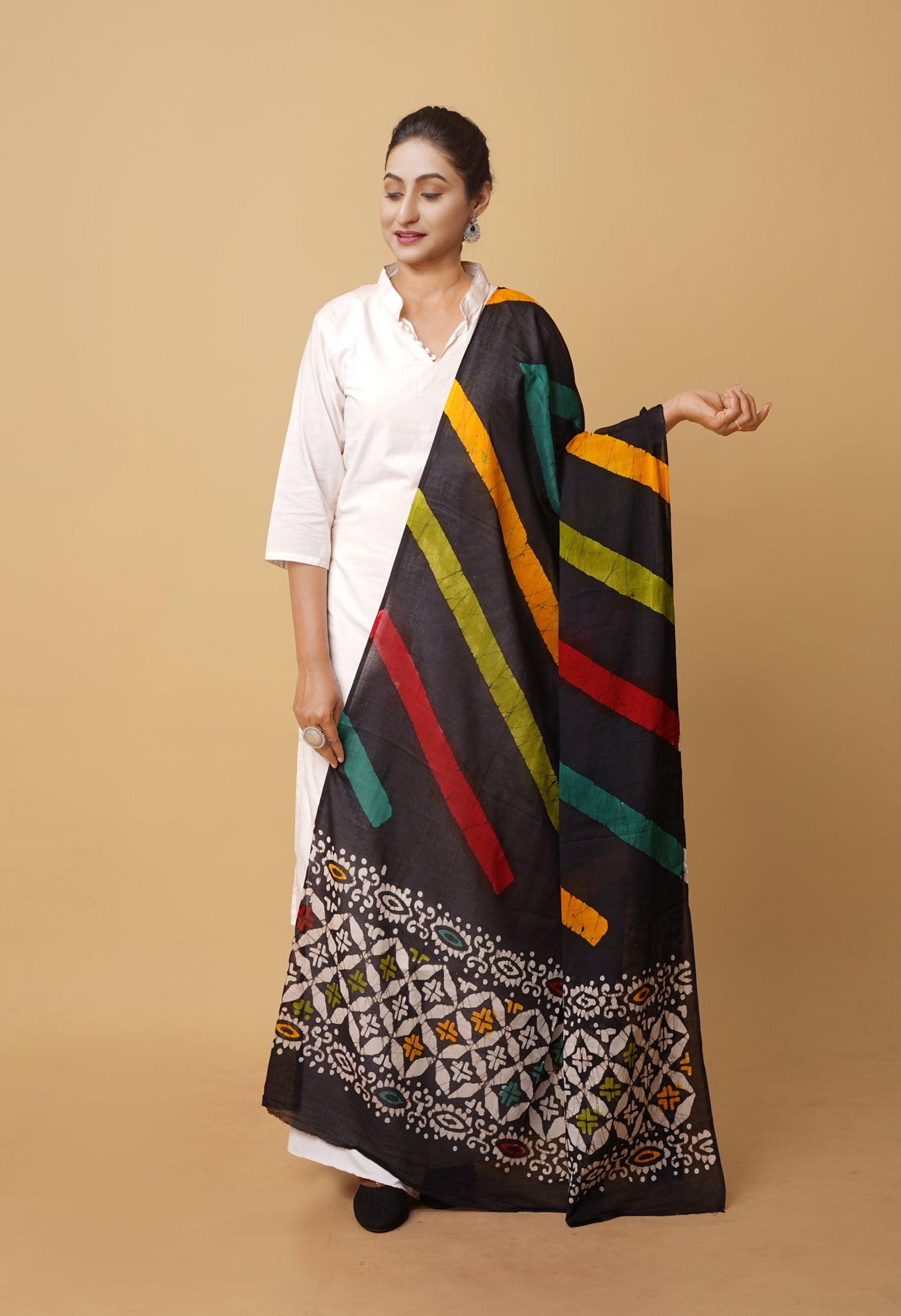 Black Pure Wax Batik Printed Superfine Mulmul Cotton Dupatta