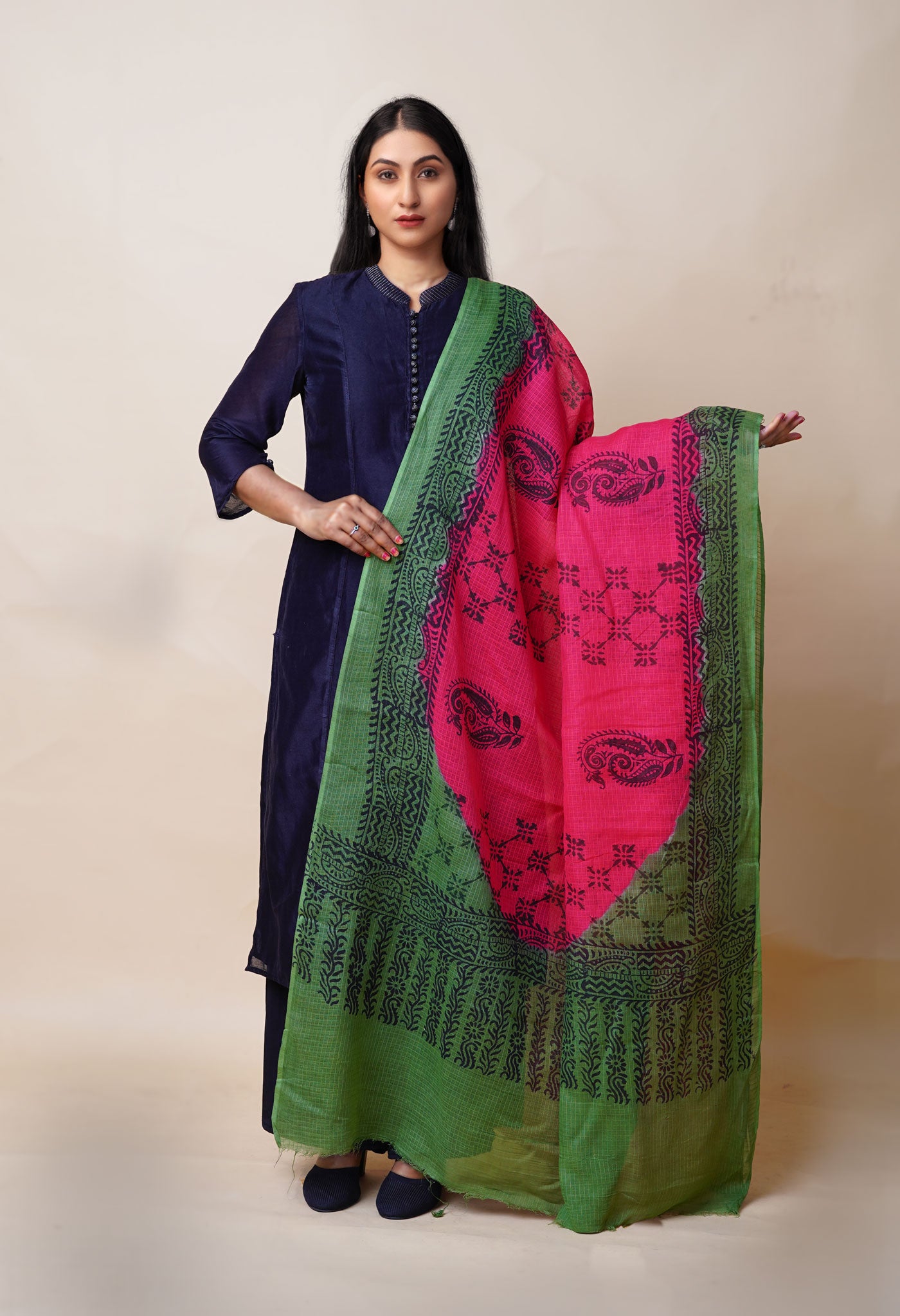 Red-Green Pure Block Printed Kota Dupatta-UDS5867