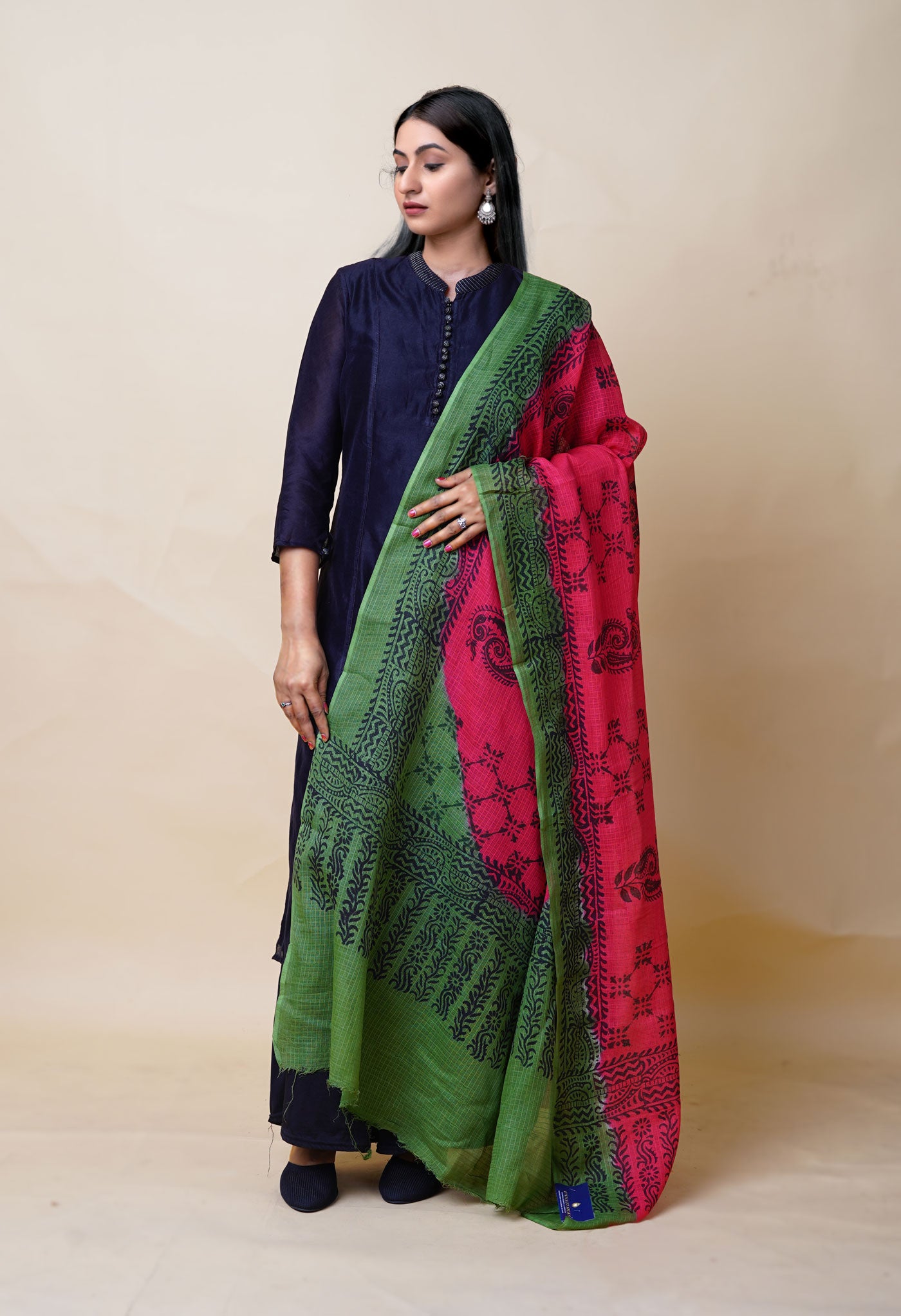Red-Green Pure Block Printed Kota Dupatta-UDS5867