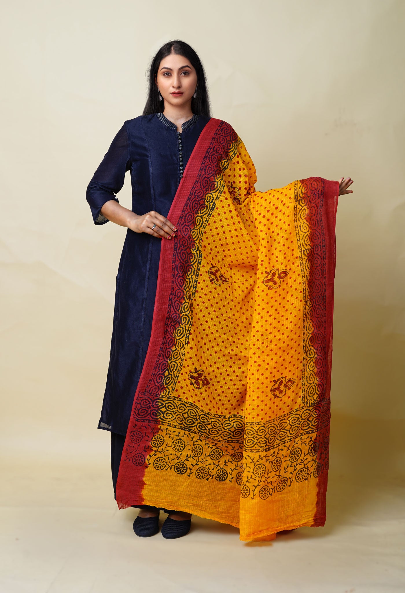 Yellow-Red Pure Block Printed Kota Dupatta-UDS5868