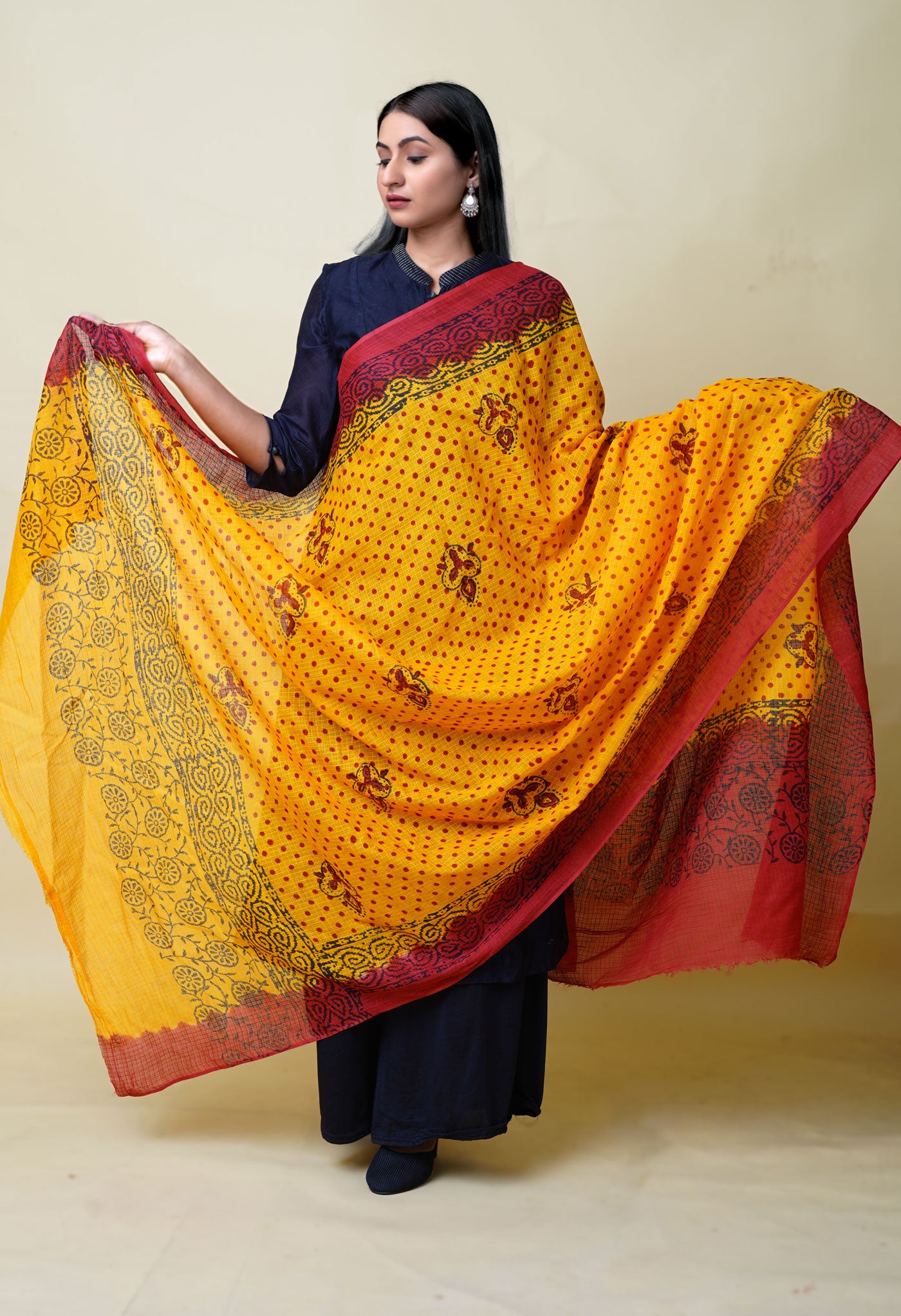 Yellow-Red Pure Block Printed Kota Dupatta-UDS5868